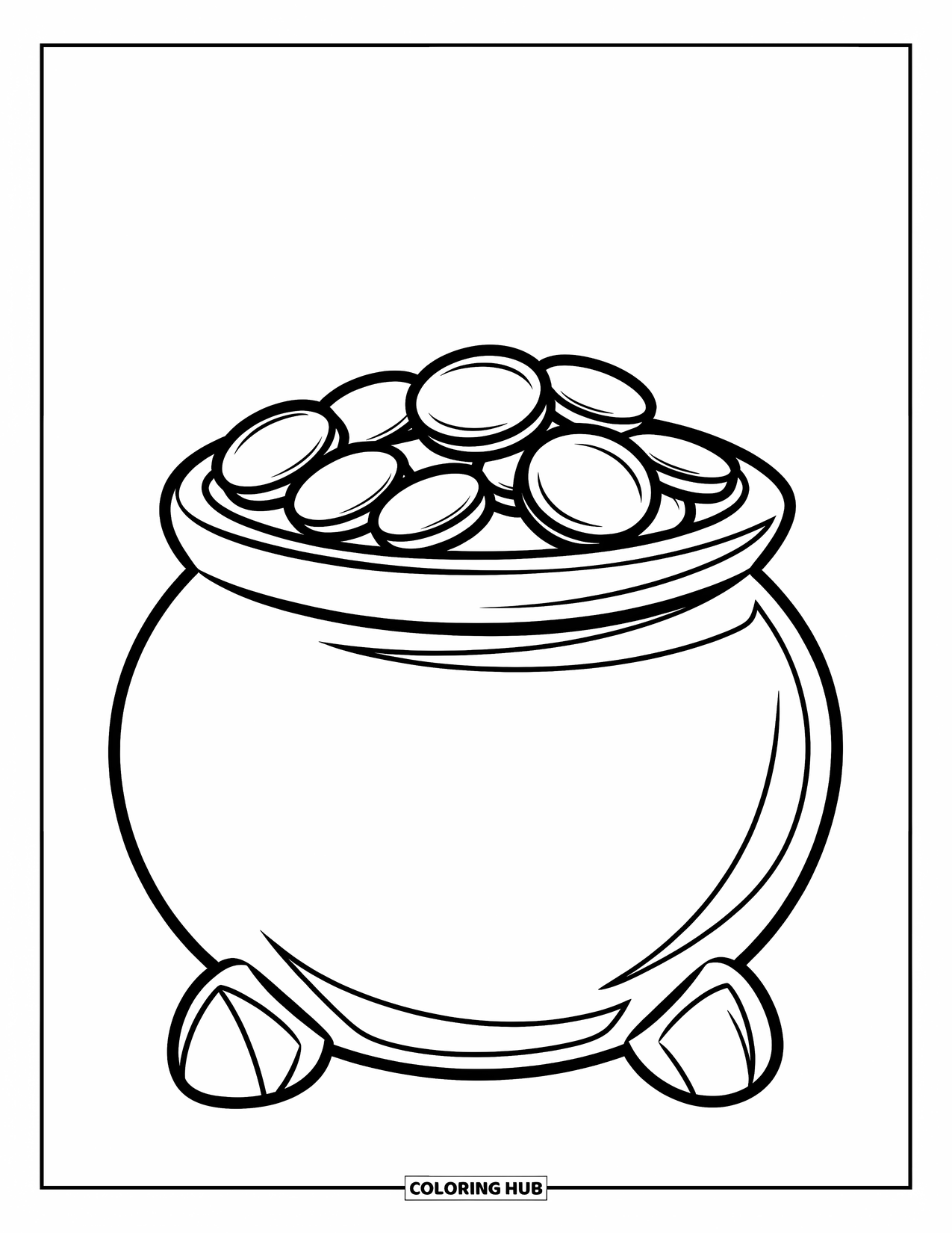 Pot Of Gold Coloring Page for Kids: Pot of gold with large coins piled inside on stone base