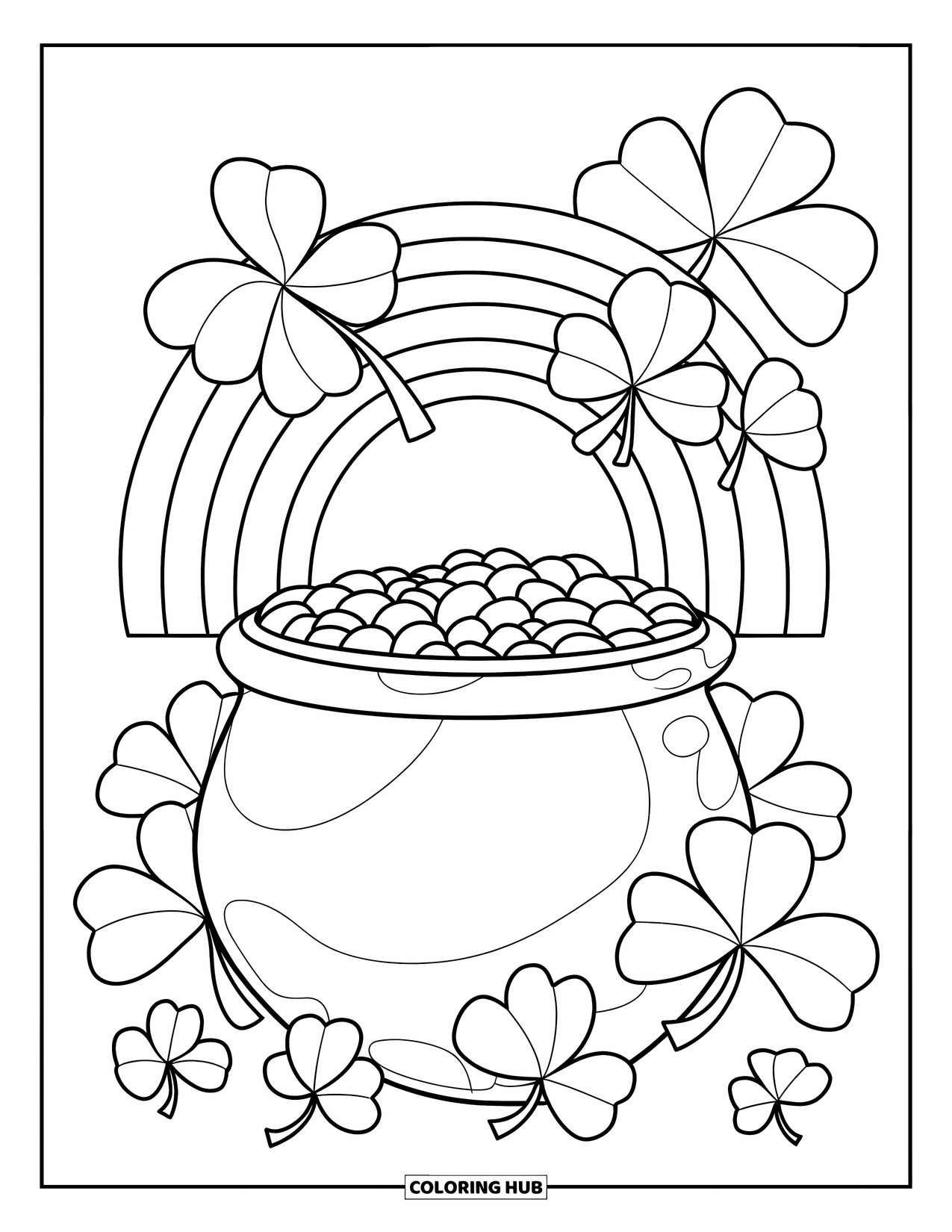 Pot Of Gold Coloring Page for Kids: Pot of gold with oversized shamrocks and rainbow arching above