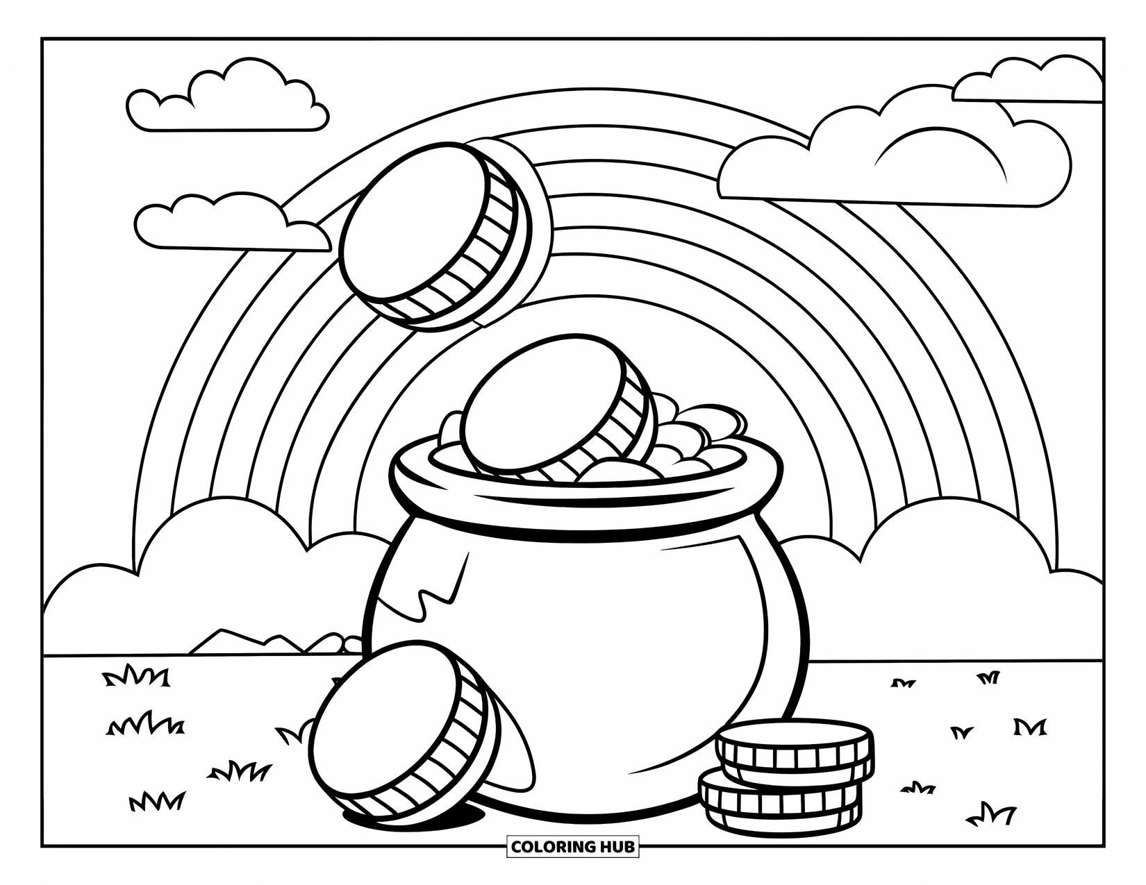 Pot Of Gold Coloring Page for Kids: Pot of gold with three floating coins beside it and rainbow overhead