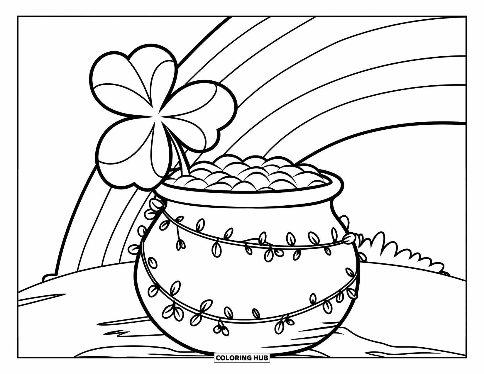 Pot Of Gold Coloring Page for Kids: Pot of gold wrapped in shamrock vines at the end of a rainbow