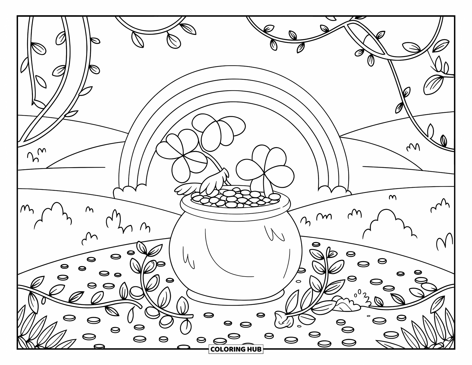 Pot Of Gold Coloring Page for Kids: Rainbow arching over a pot of gold surrounded by clovers and trees