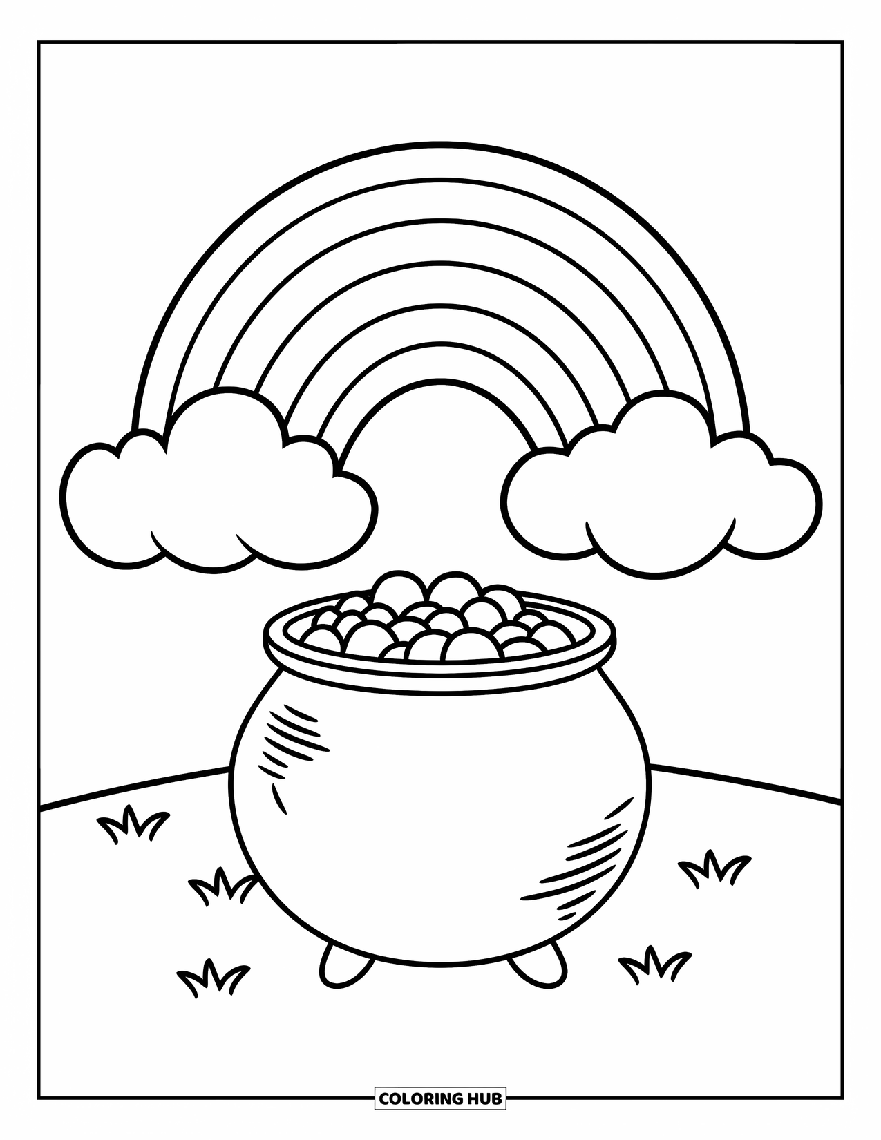 Pot Of Gold Coloring Page for Kids: Rainbow arching over pot of gold with fluffy clouds and grassy field