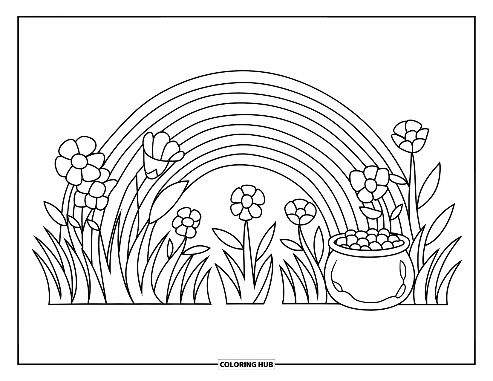 Pot Of Gold Coloring Page for Kids: Rainbow arching to a pot of gold hidden among tall grass and flowers