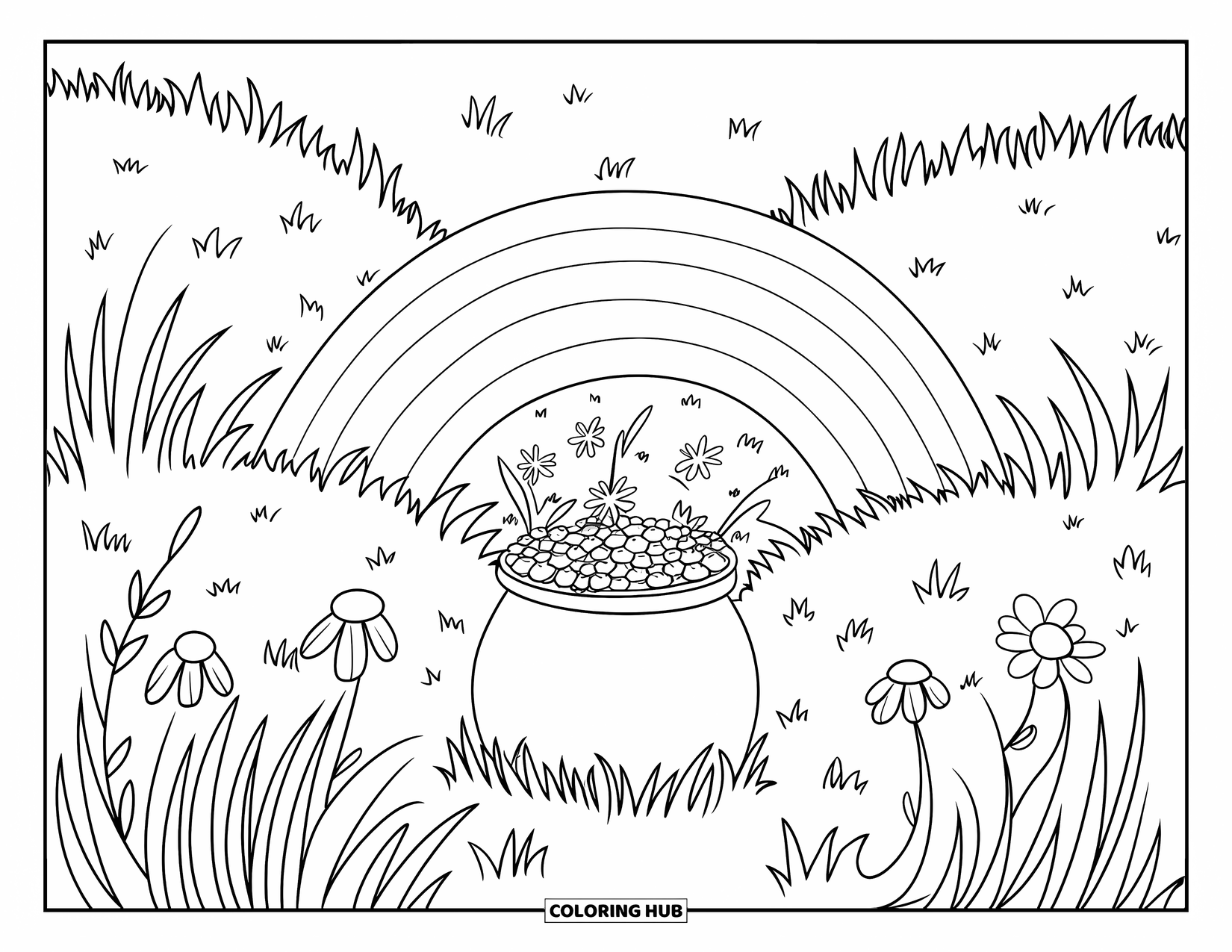 Pot Of Gold Coloring Page for Kids: Rainbow leading to pot of gold surrounded by grass, flowers, and clovers