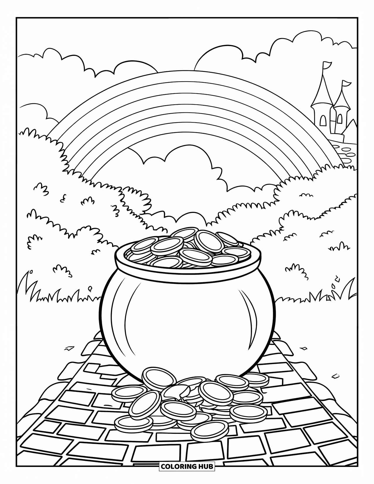 Pot Of Gold Coloring Page for Kids: Rainbow shining over a pot of gold spilling coins down a path
