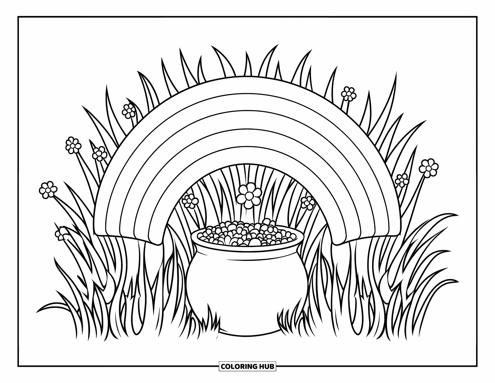 Pot Of Gold Coloring Page for Kids: Rainbow with pot of gold tucked behind tall grass and flowers