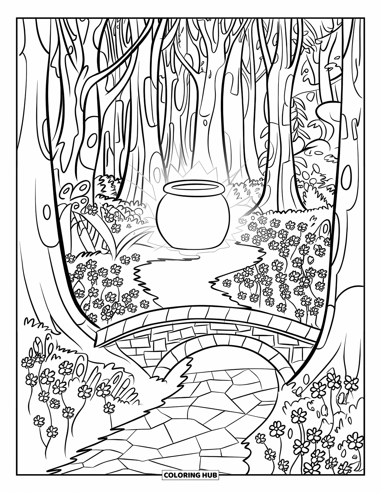 Pot Of Gold Coloring Page for Kids: Stone bridge path with flowers leading to a glowing pot of gold