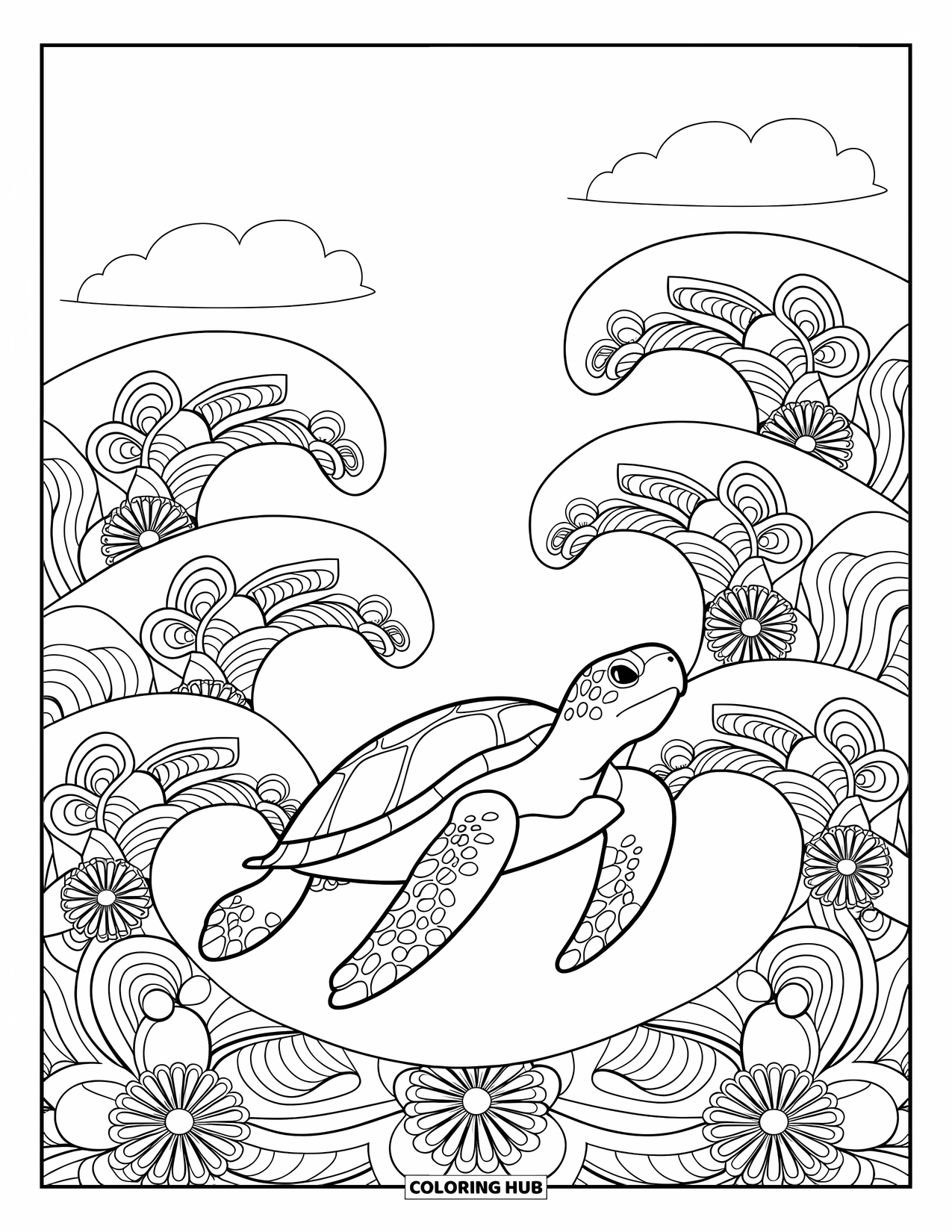 Pura Vida Coloring Page for Adults: A calm sea turtle swims among floral mandala waves