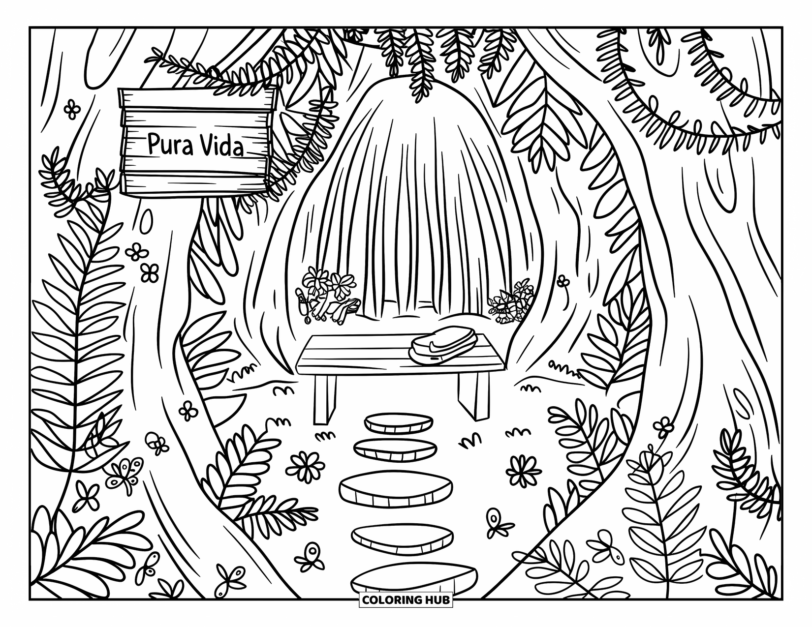 Pura Vida Coloring Page for Adults: A cozy nook by a waterfall with orchids, frogs, and a towel on the bench
