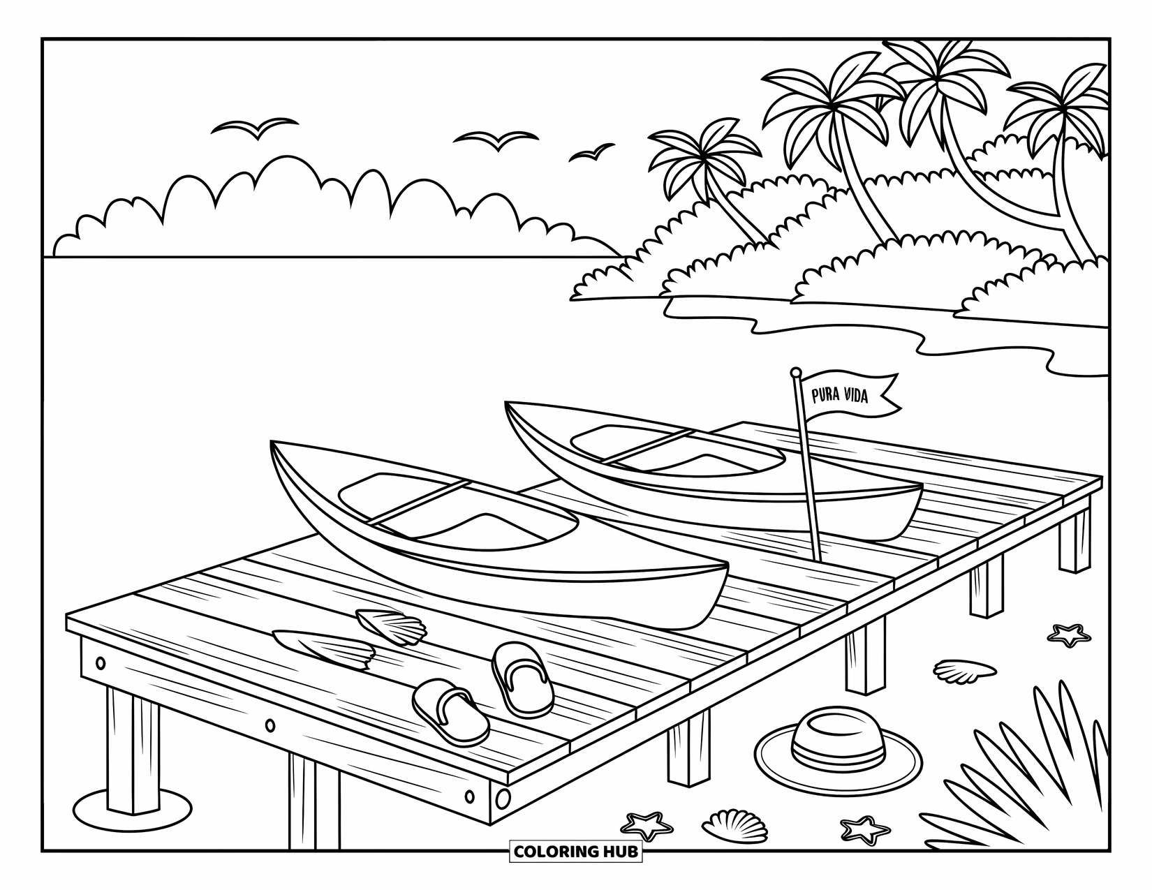 Pura Vida Coloring Page for Adults: A dock stretches into calm waters with kayaks, shells, and a waving "Pura Vida" flag