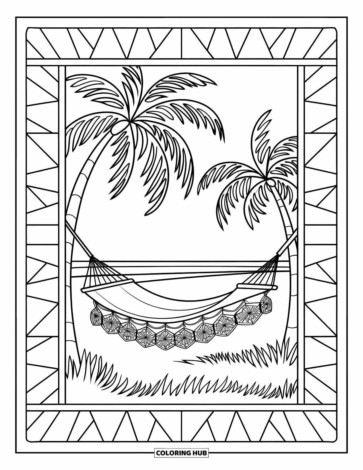 Pura Vida Coloring Page for Adults: A hammock between coconut trees with sunburst stained-glass designs