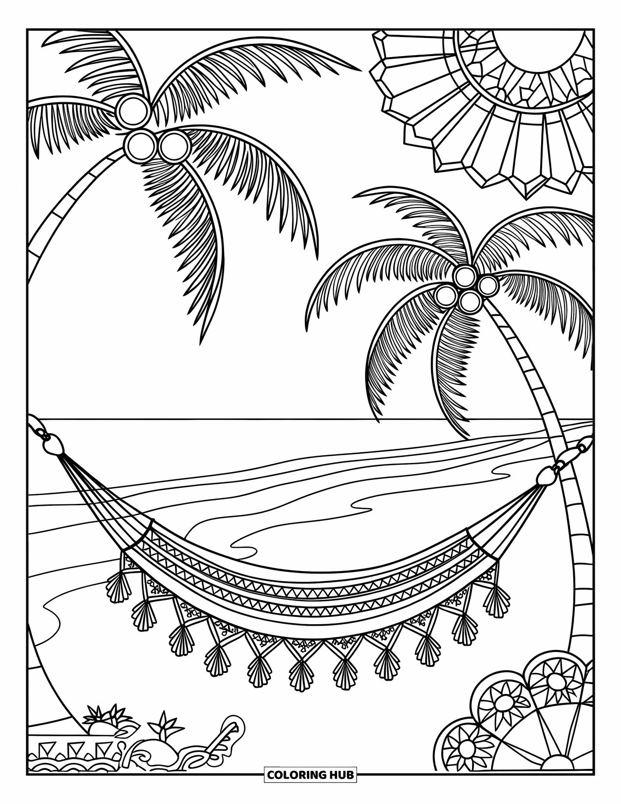 Pura Vida Coloring Page for Adults: A hammock scene with palm trees, waves, and stained-glass sunbursts above