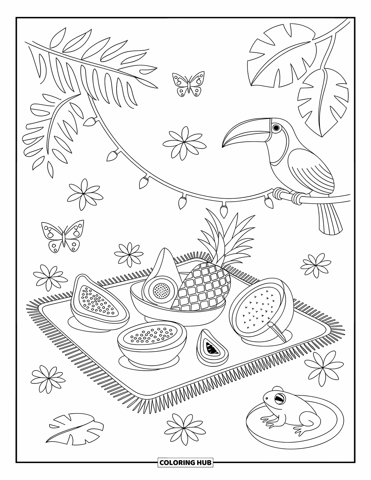 Pura Vida Coloring Page for Adults: A jungle picnic scene with fruits, butterflies, and a frog resting nearby