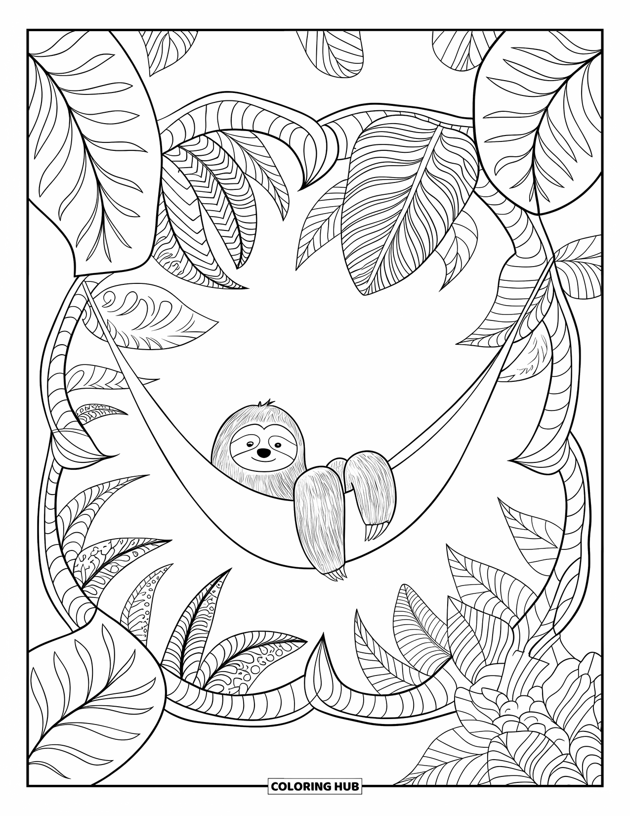 Pura Vida Coloring Page for Adults: A peaceful sloth rests in a hammock with patterned palm leaves