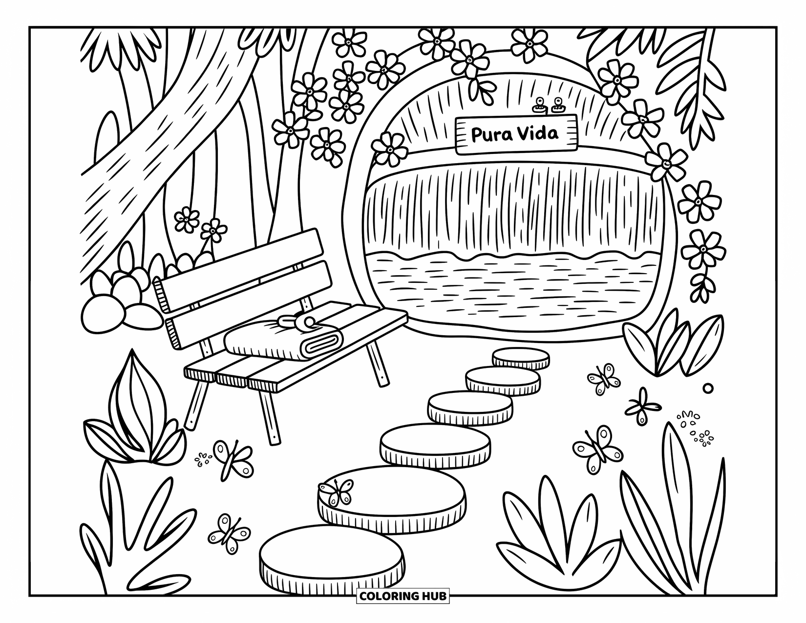 Pura Vida Coloring Page for Adults: A serene jungle bench with orchids, frogs, and a misty waterfall view