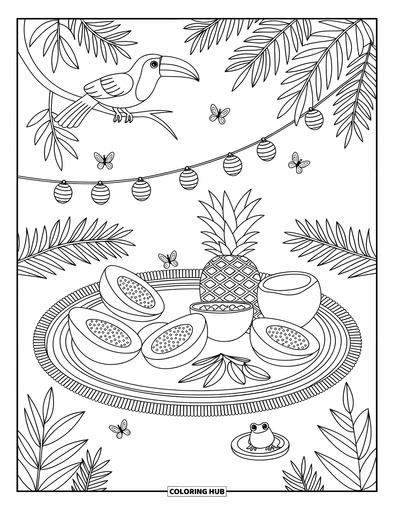 Pura Vida Coloring Page for Adults: A shack by the ocean with surfboards, potted plants, and a ìPura Vidaî sign