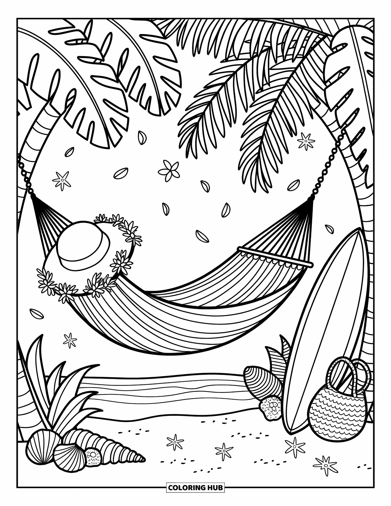 Pura Vida Coloring Page for Adults: Palm trees cradle a hammock with tropical flowers, fruits, and a woven bag in the sand