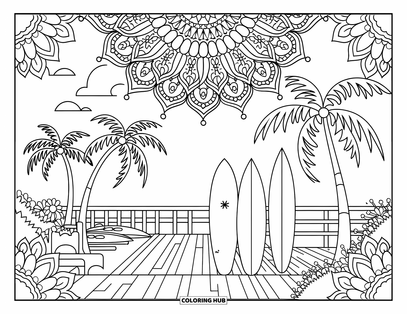 Pura Vida Coloring Page for Adults: Surfboards rest by a deck with palm trees, floral borders, and a mandala sky
