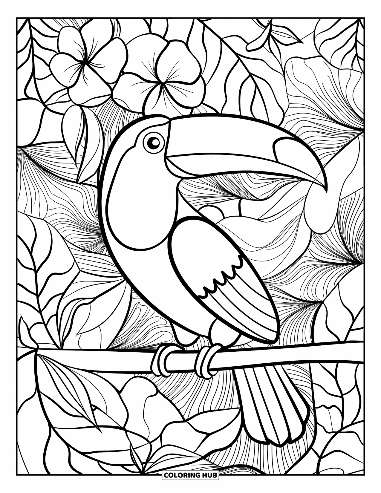 Pura Vida Coloring Page for Adults: Toucan perched on a branch with floral stained-glass patterns