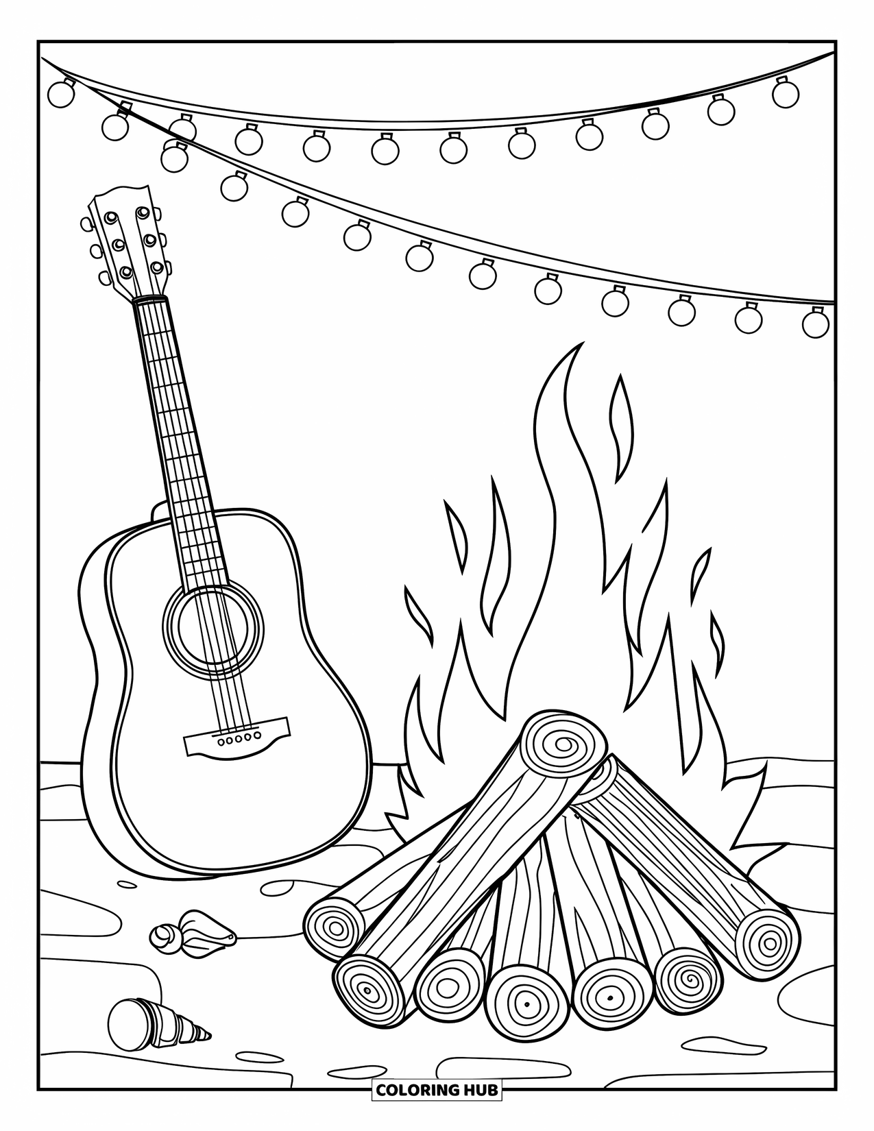 Pura Vida Coloring Page for Kids: Bonfire by the beach with guitar, shells, and glowing string lights