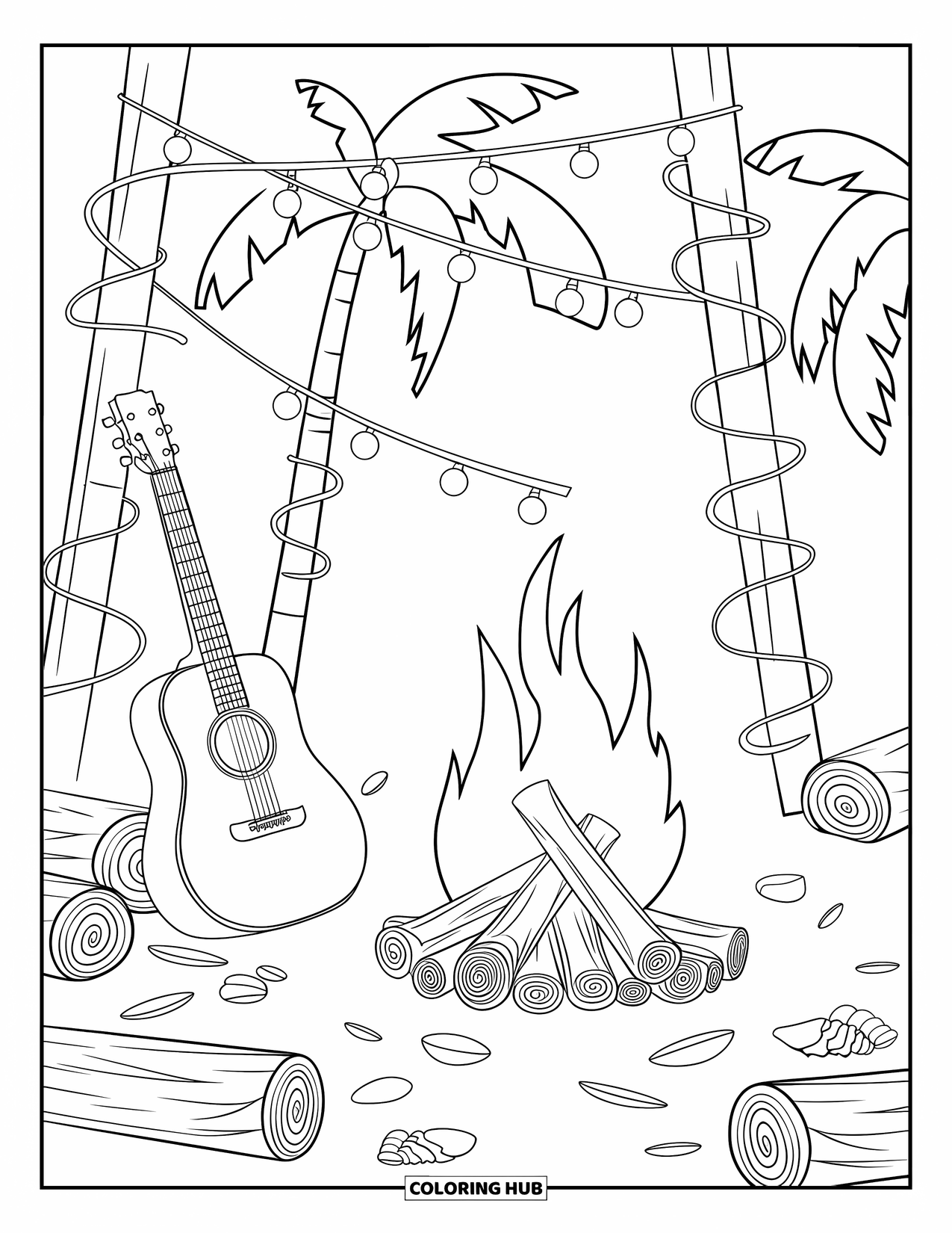 Pura Vida Coloring Page for Kids: Bonfire with guitar, shells, and string lights near palm trees