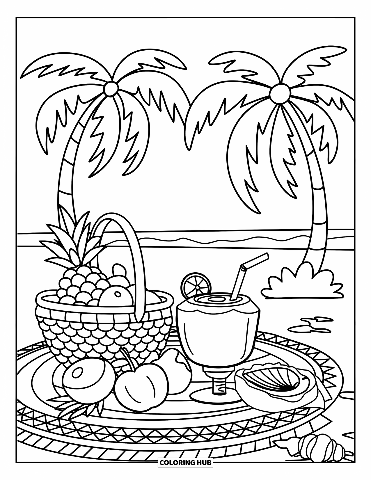 Pura Vida Coloring Page for Kids: Fruit basket and coconut drink laid on a mat by palm trees