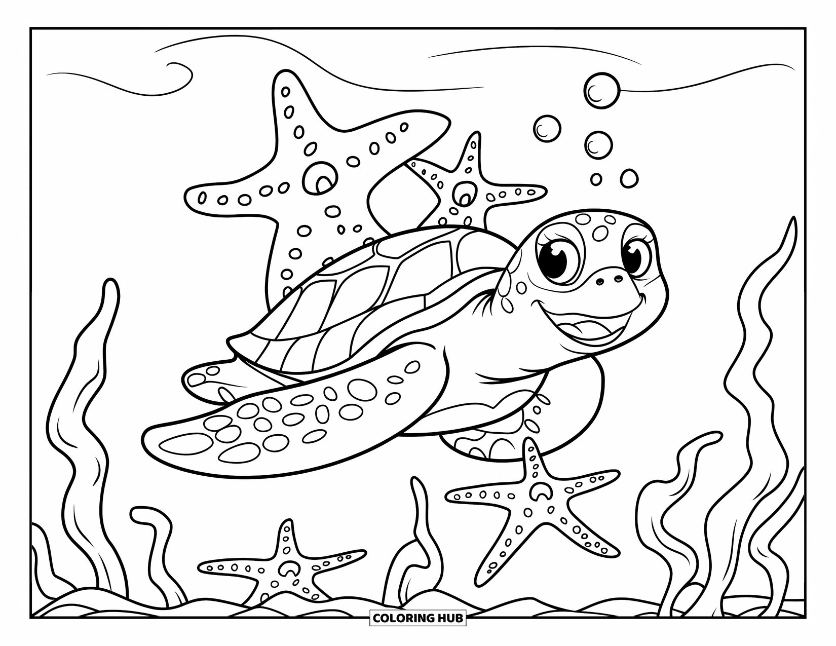 Pura Vida Coloring Page for Kids: Happy turtle with bubbles swimming through seaweed and starfish