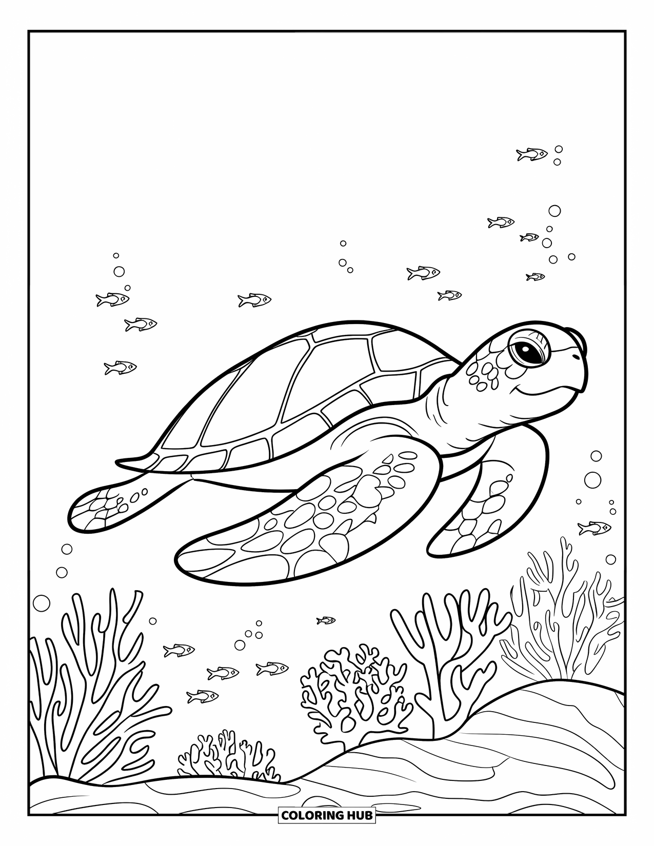 Pura Vida Coloring Page for Kids: Medium turtle swimming above coral and playful little fish
