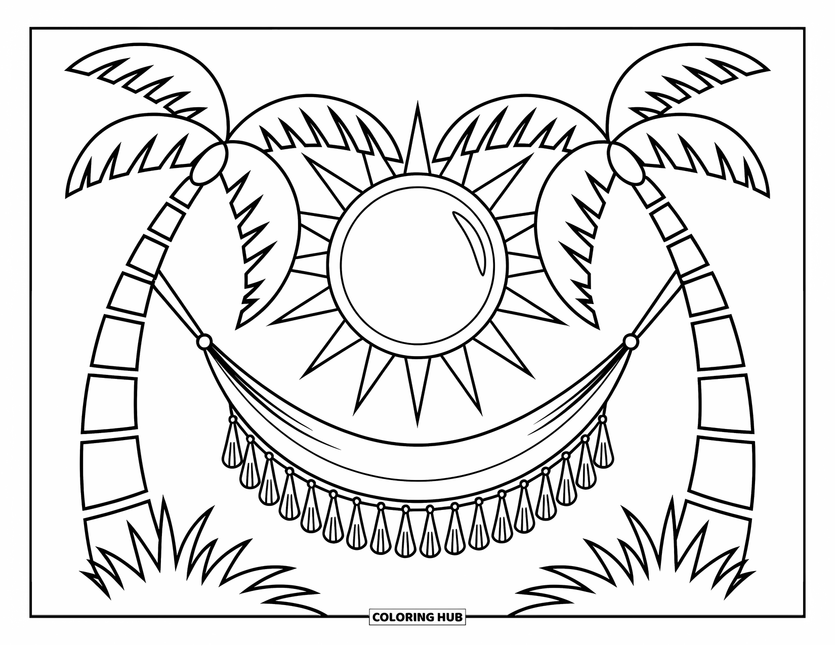 Pura Vida Coloring Page for Kids: Palm tree hammock swaying gently under the bright sun
