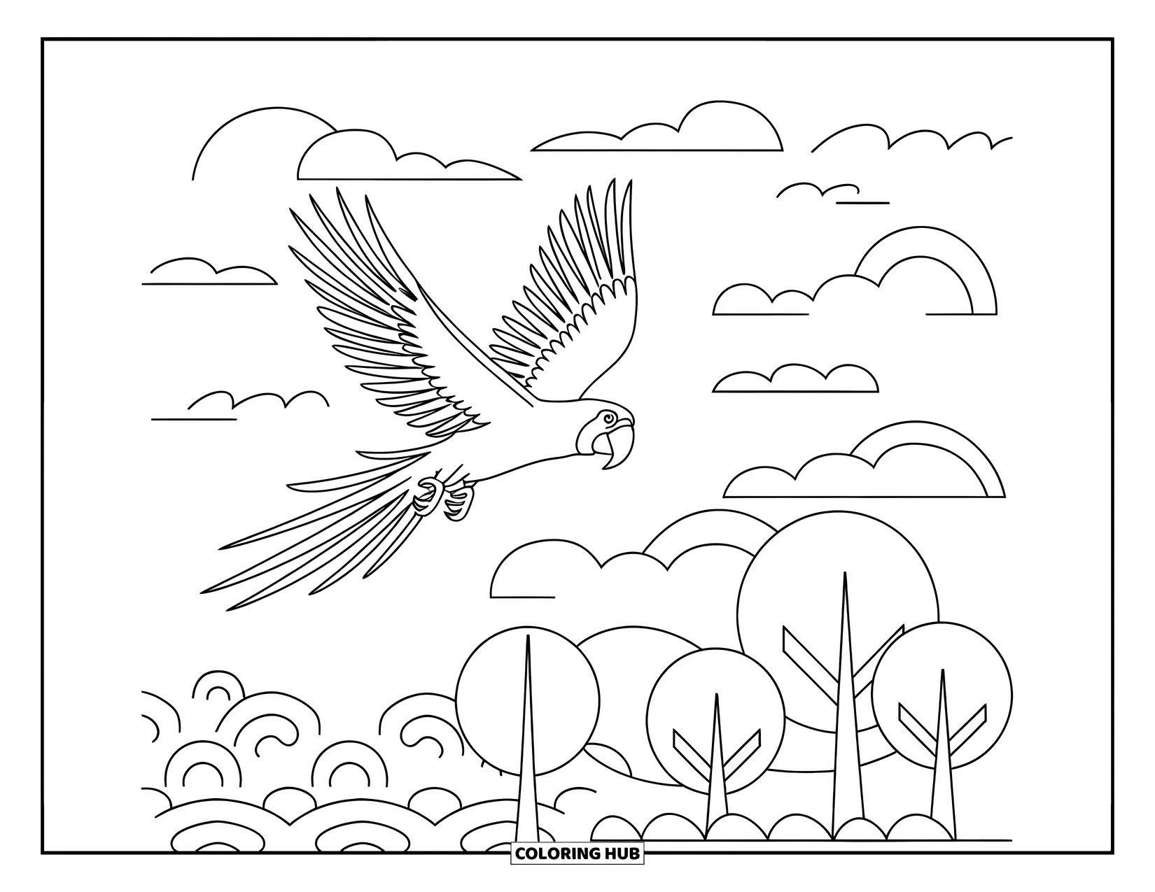 Pura Vida Coloring Page for Kids: Parrot soaring over trees with clouds and waves behind