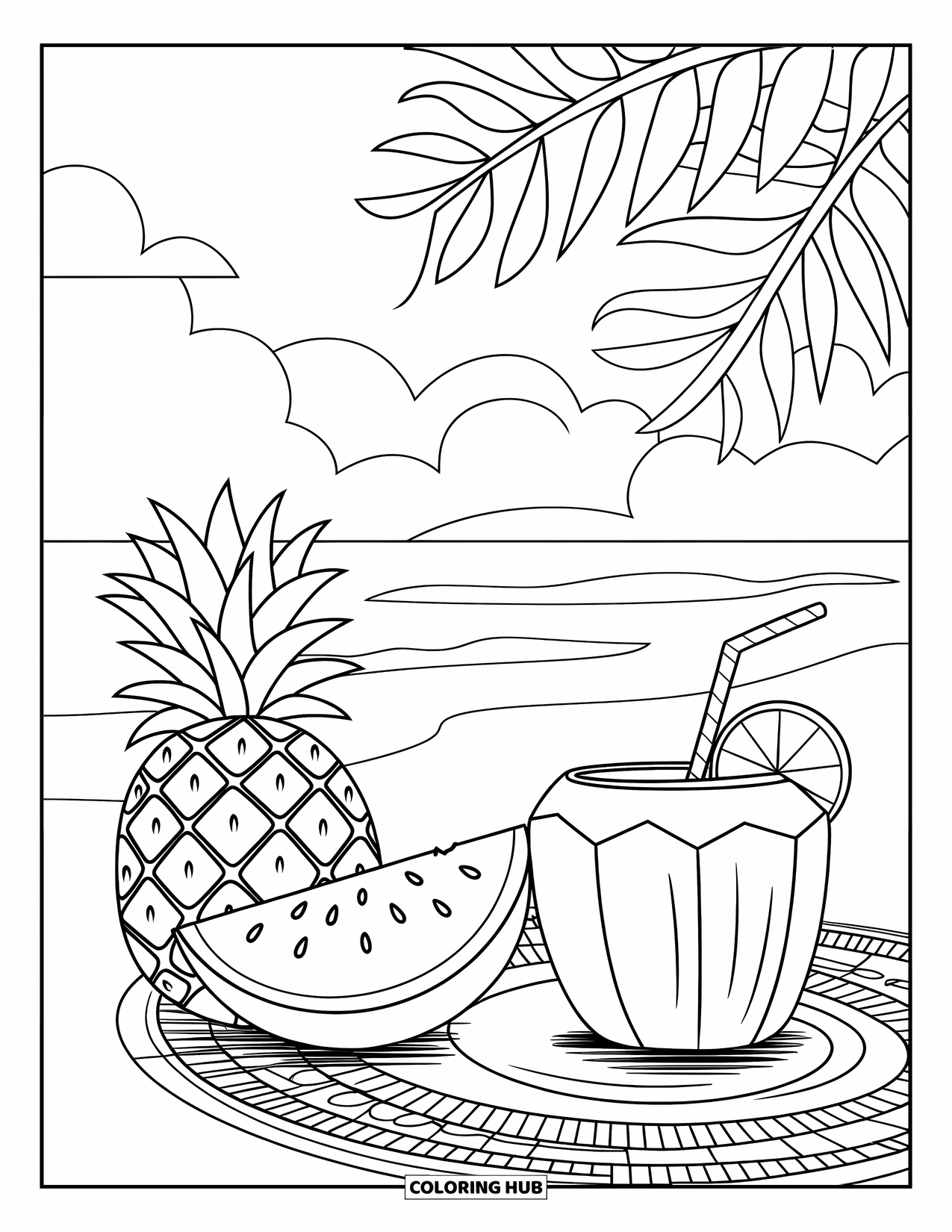 Pura Vida Coloring Page for Kids: Picnic with pineapple, watermelon, and coconut drink by the beach
