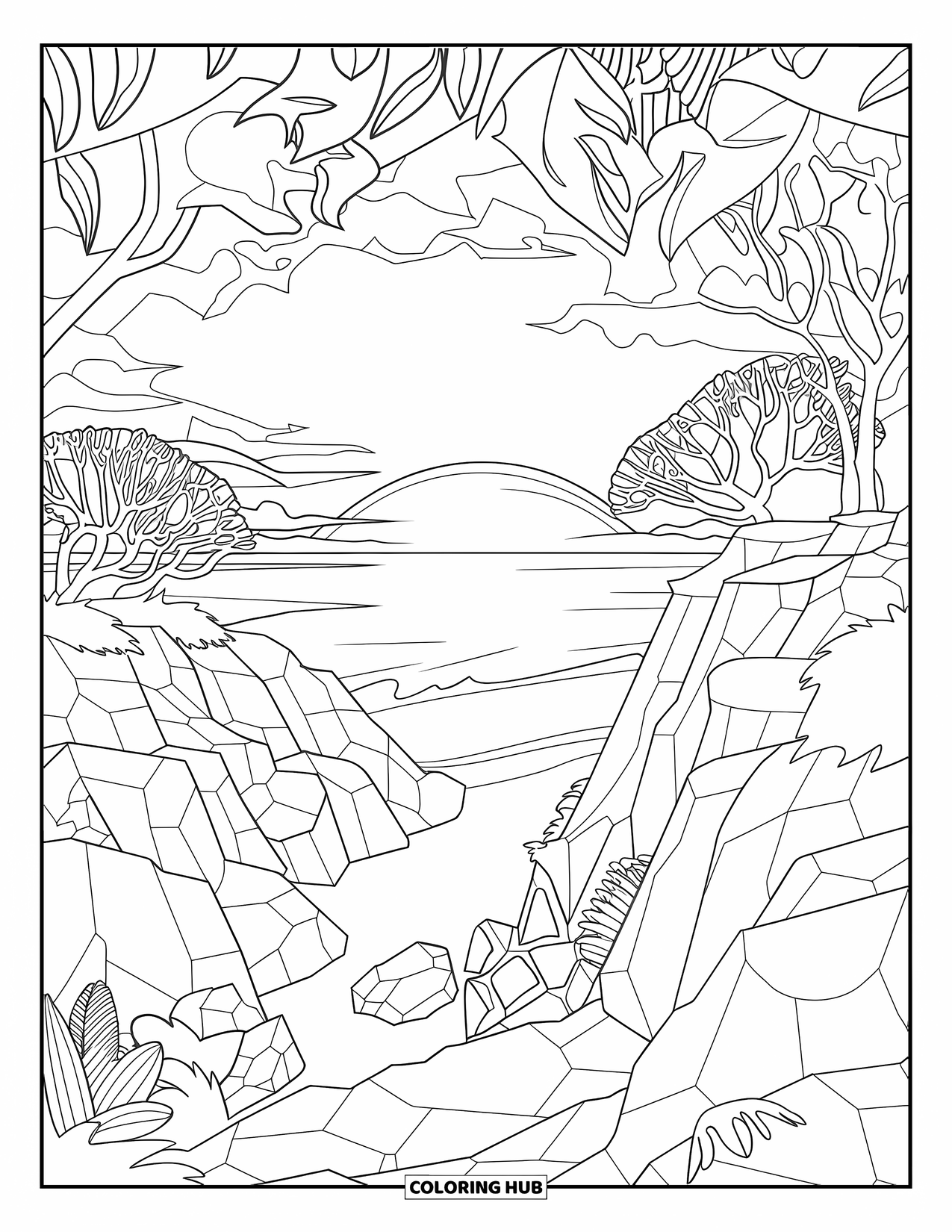 Pura Vida Coloring Page for Kids: Rocky cliffside overlooking the beach at sunset