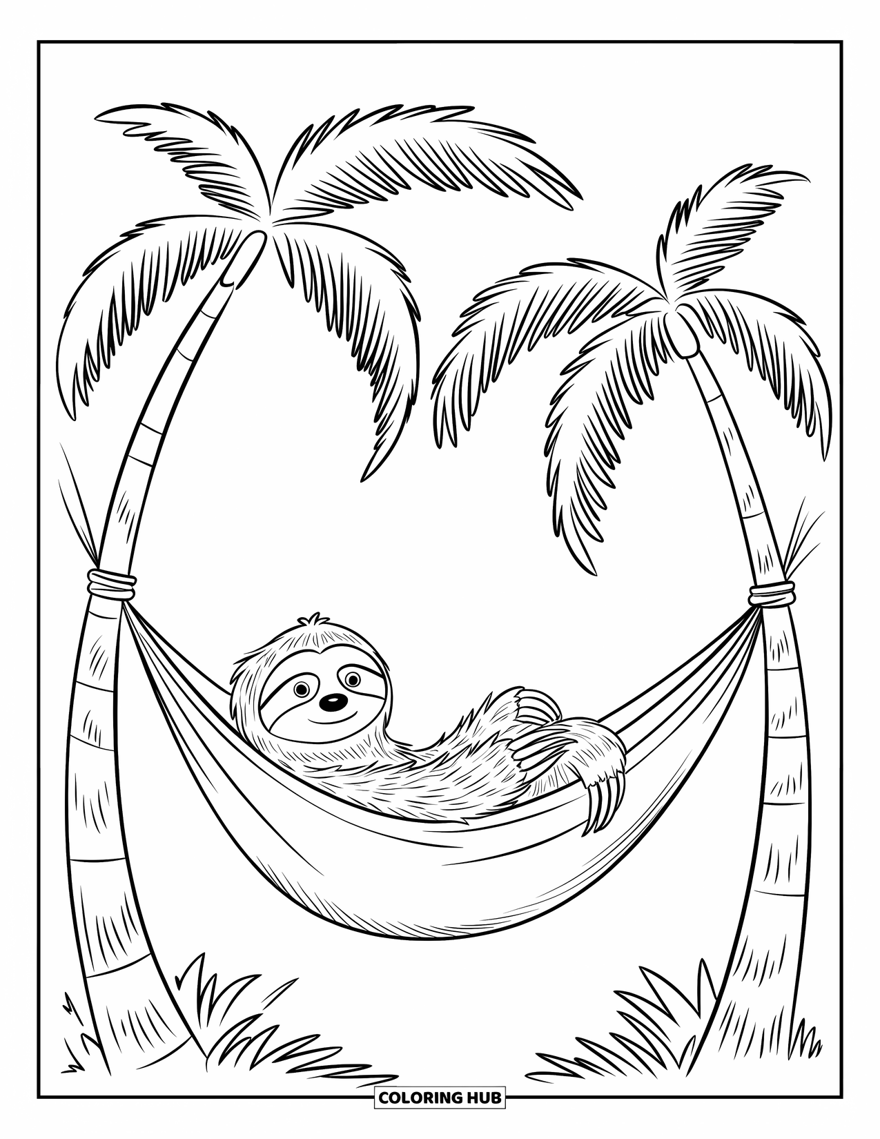 Pura Vida Coloring Page for Kids: Sloth lounging in a hammock between two palm trees