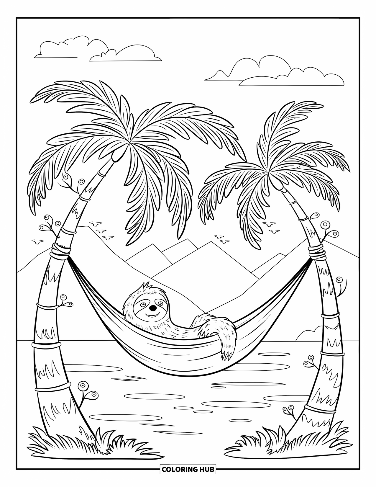 Pura Vida Coloring Page for Kids: Sloth resting in hammock with mountains, water, and tiny birds