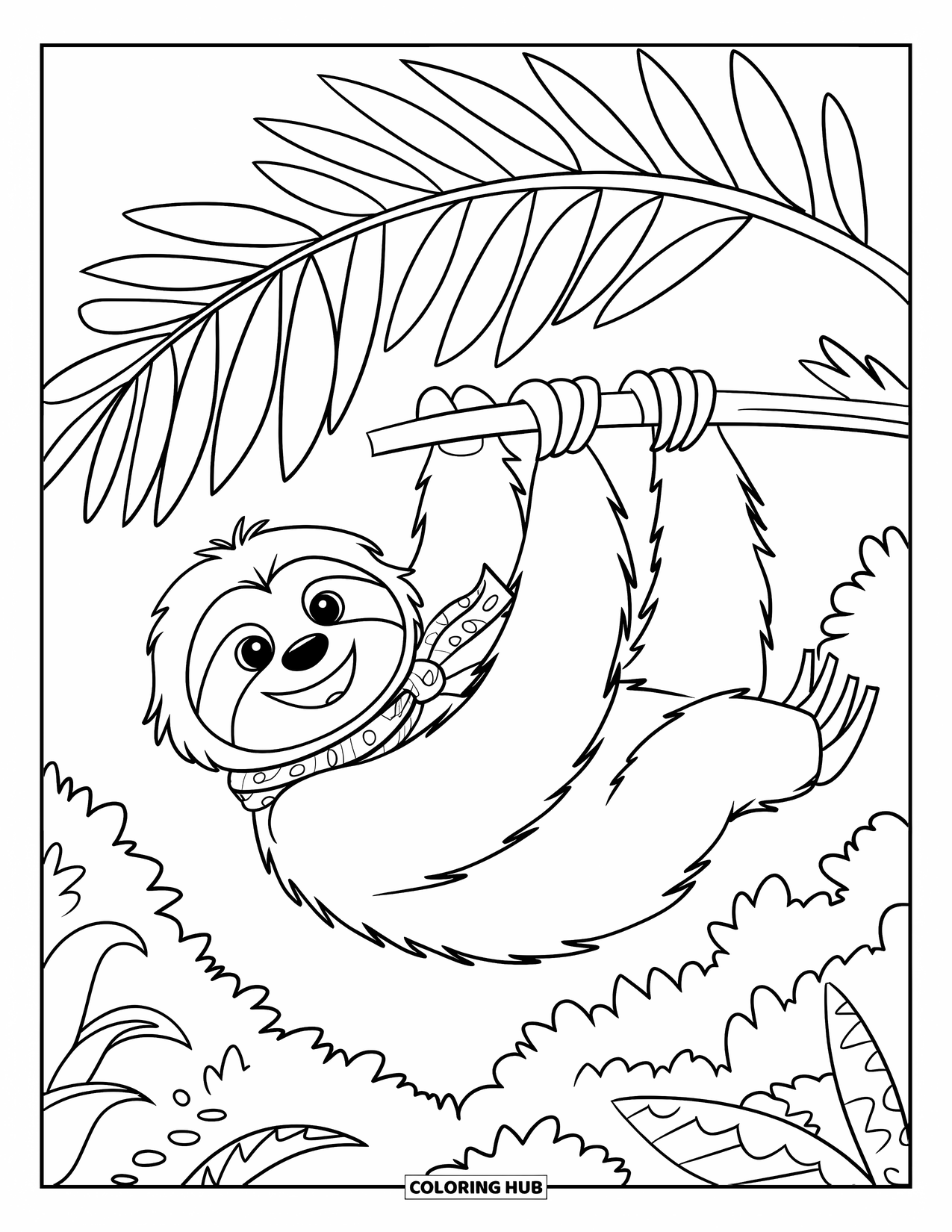Pura Vida Coloring Page for Kids: Sloth with a scarf hanging playfully from palm tree