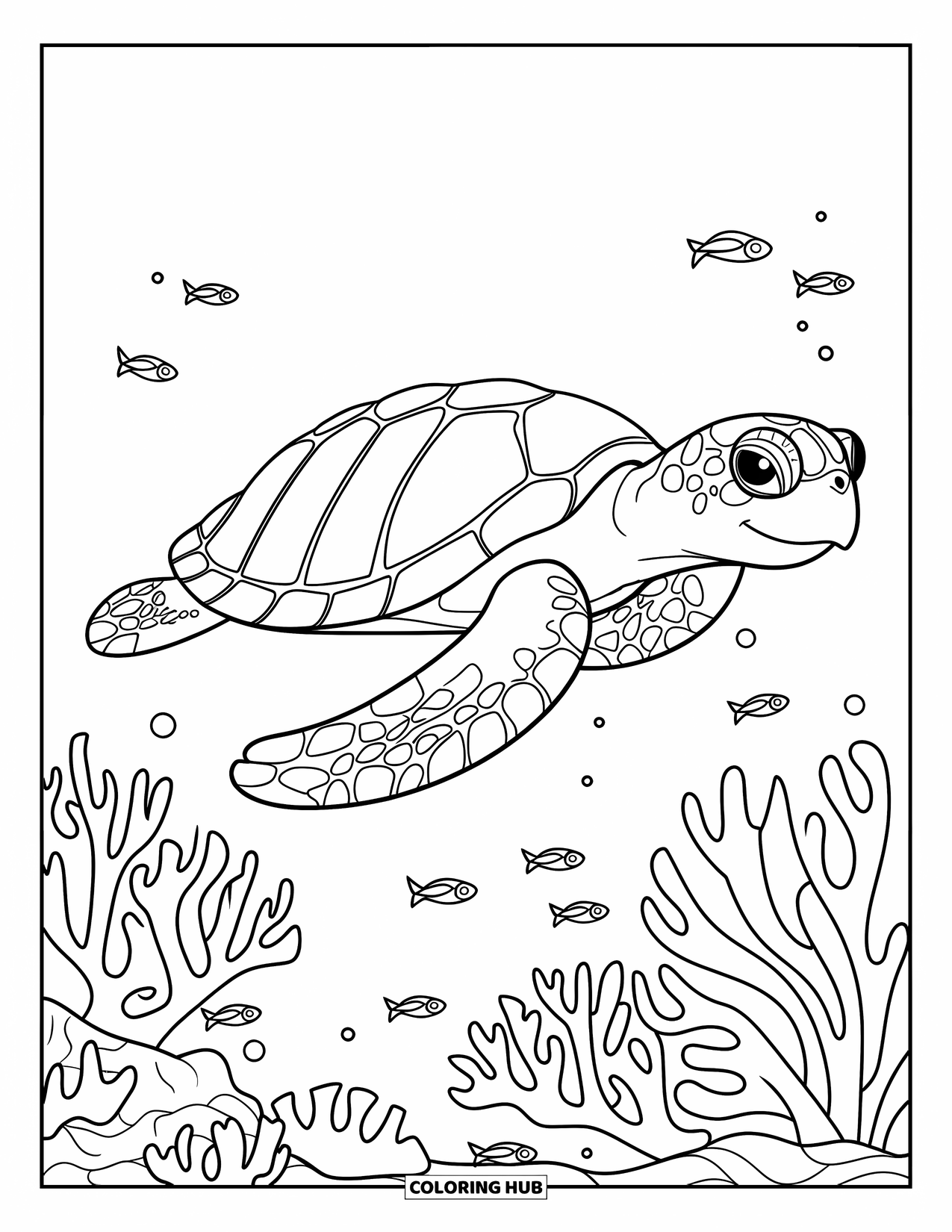 Pura Vida Coloring Page for Kids: Smiling sea turtle swimming above coral and tiny fish