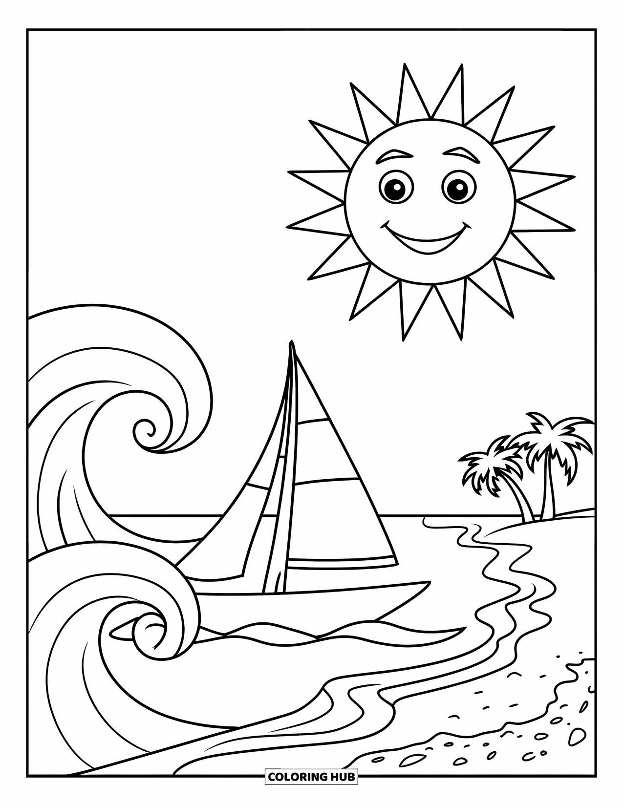 Pura Vida Coloring Page for Kids: Smiling sun above waves with a sailboat at sea