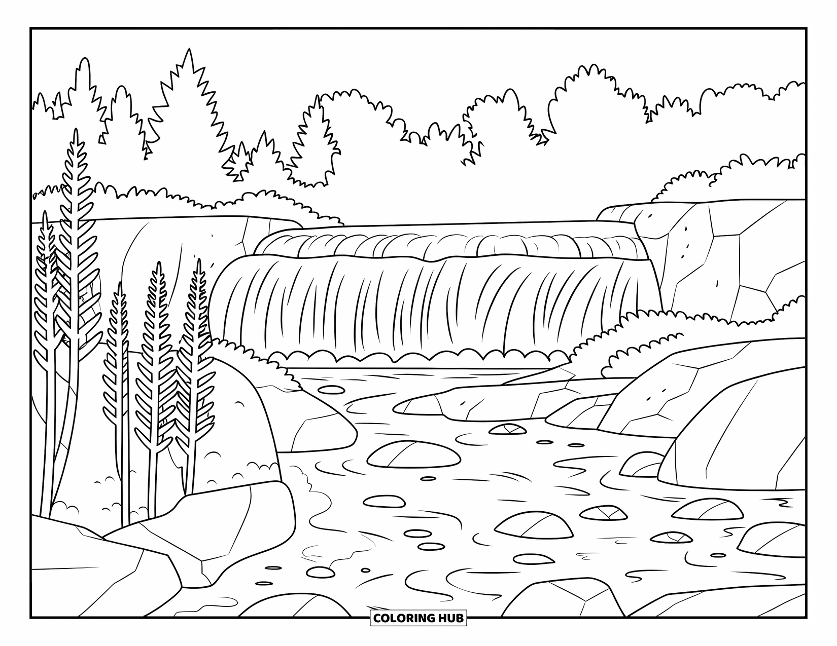 Pura Vida Coloring Page for Kids: Strong waterfall flowing through rocks and tall leafy plants