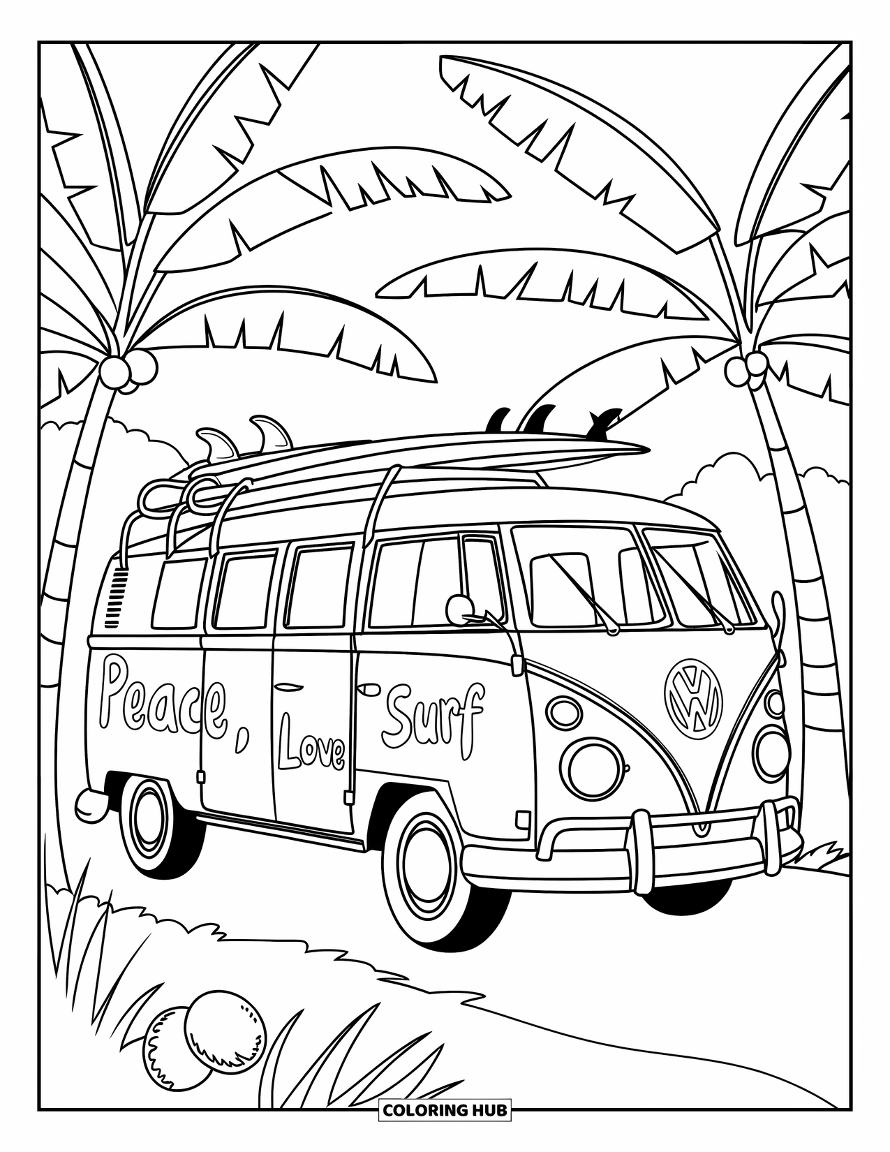 Pura Vida Coloring Page for Kids: Surf van painted "Peace, Love, Surf" parked by banana trees