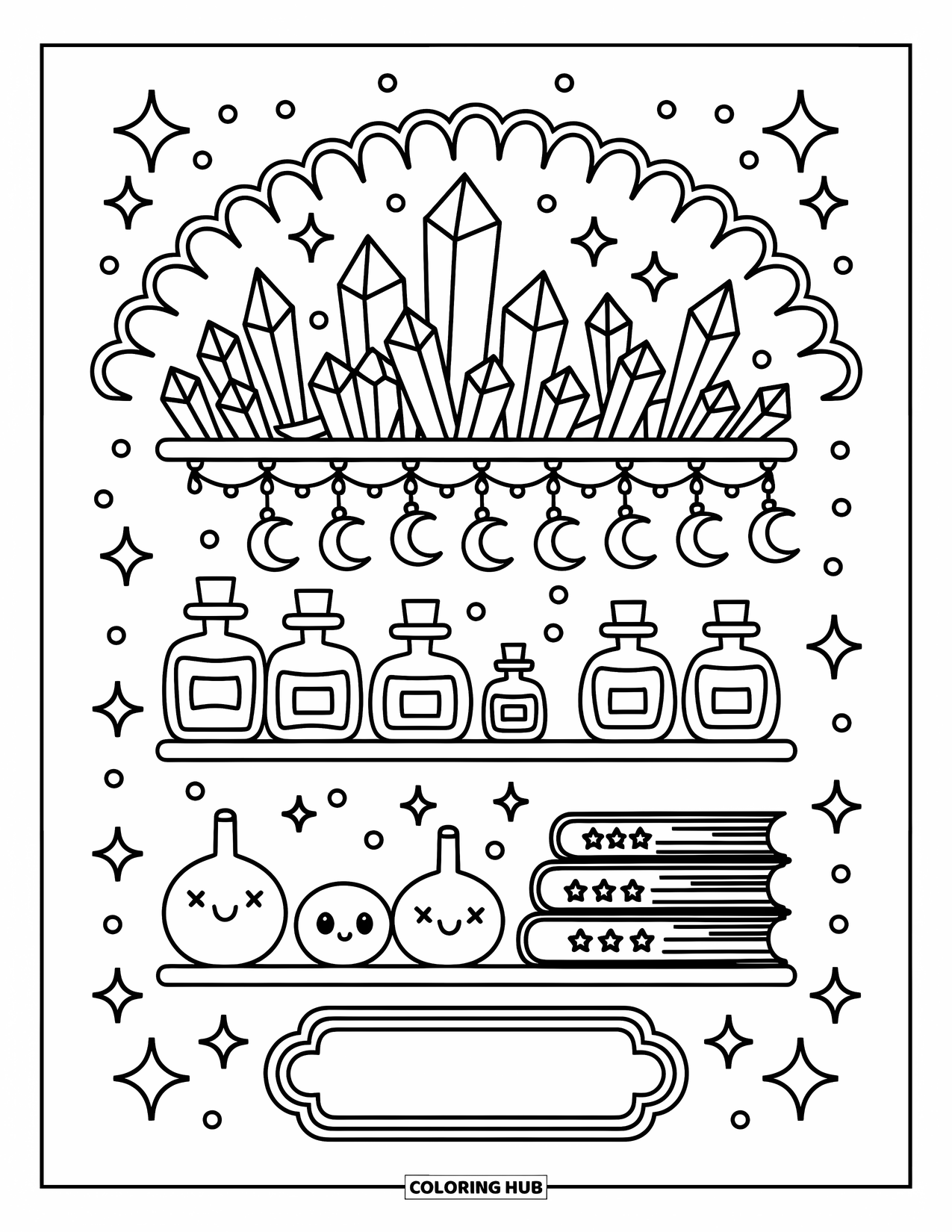 Purple Coloring Page for Adults: Apothecary shelf with crystals, bottles, moon charms, and star-embossed books