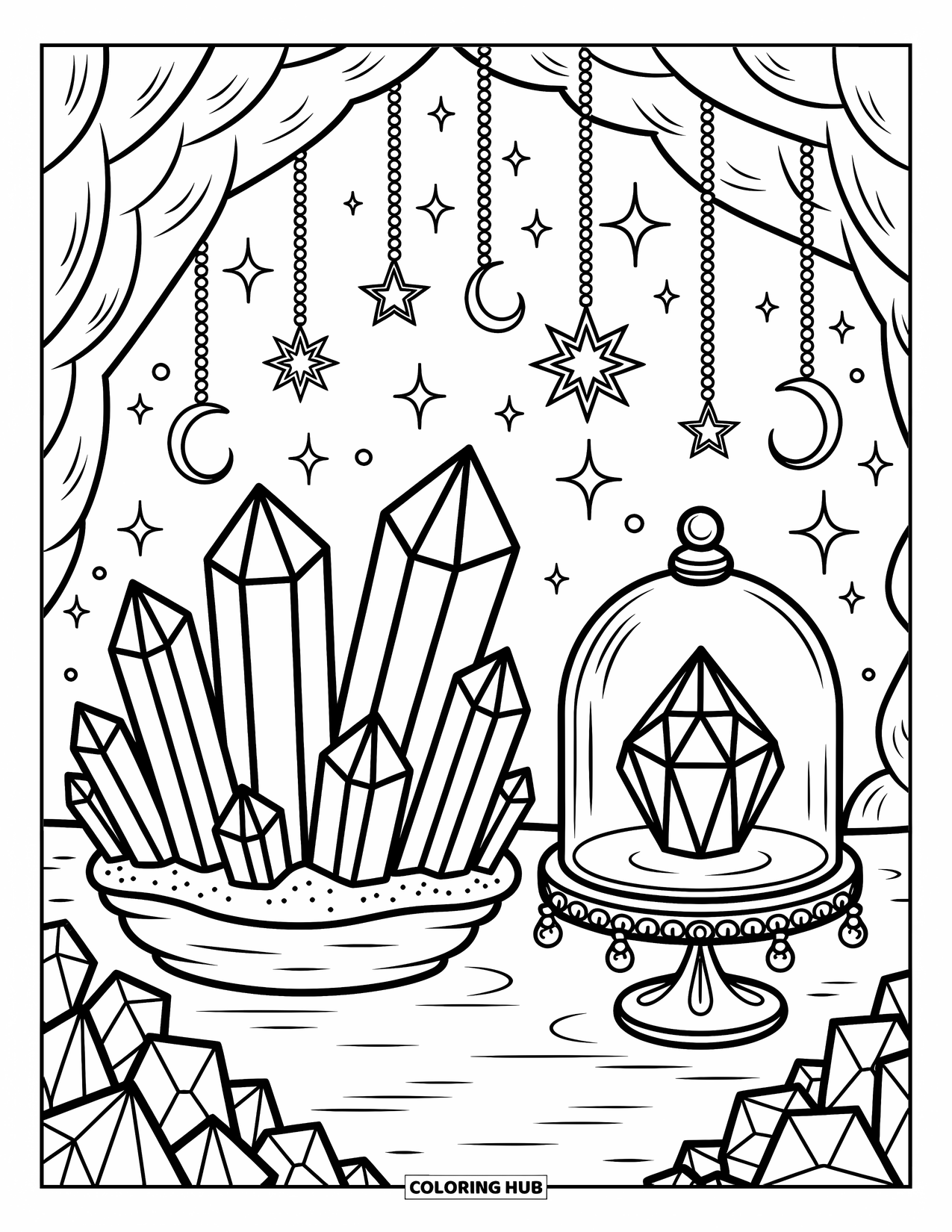 Purple Coloring Page for Adults: Crystal cave with gem clusters, a glass dome, and sparkling details