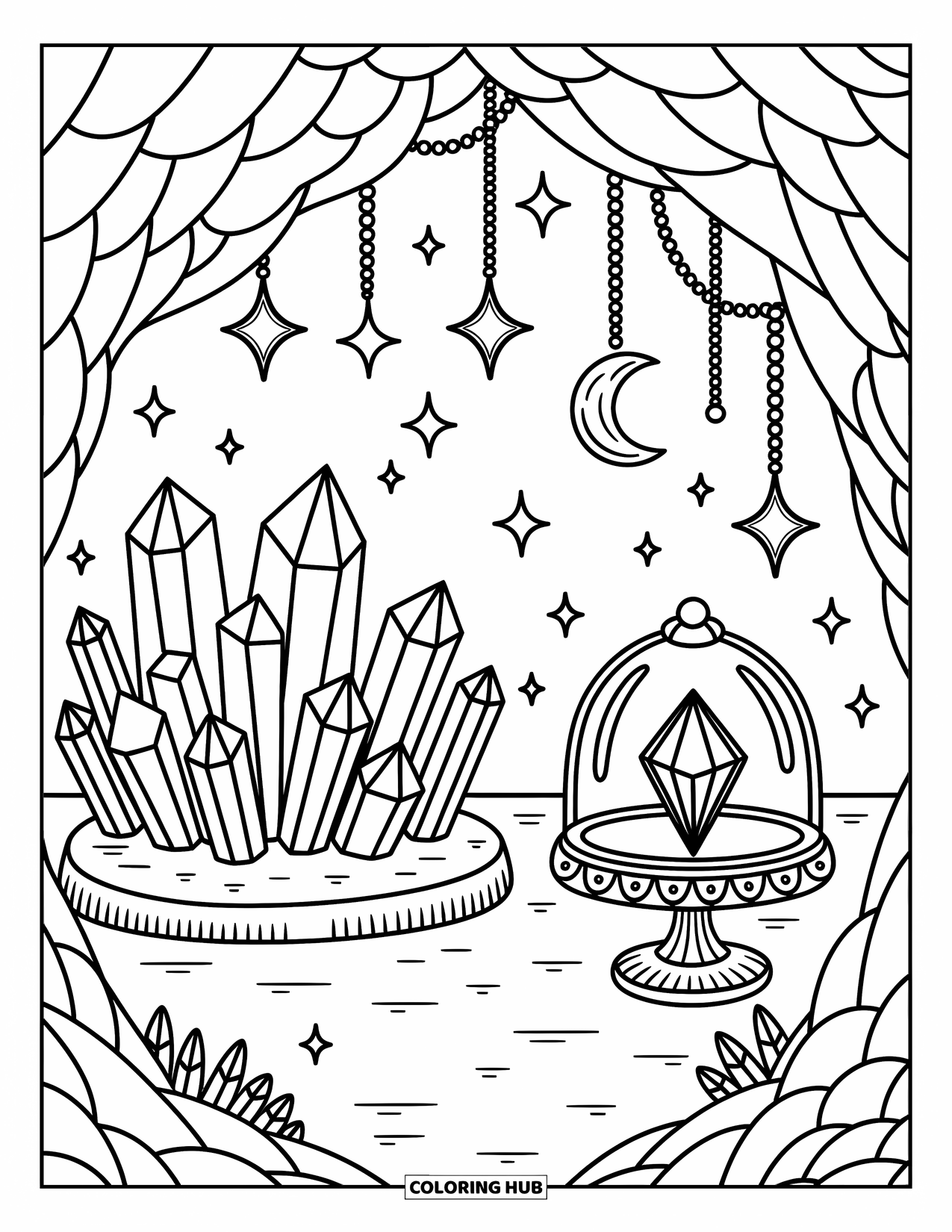 Purple Coloring Page for Adults: Crystal cave with gemstones, glass dome, and hanging stars and crescents