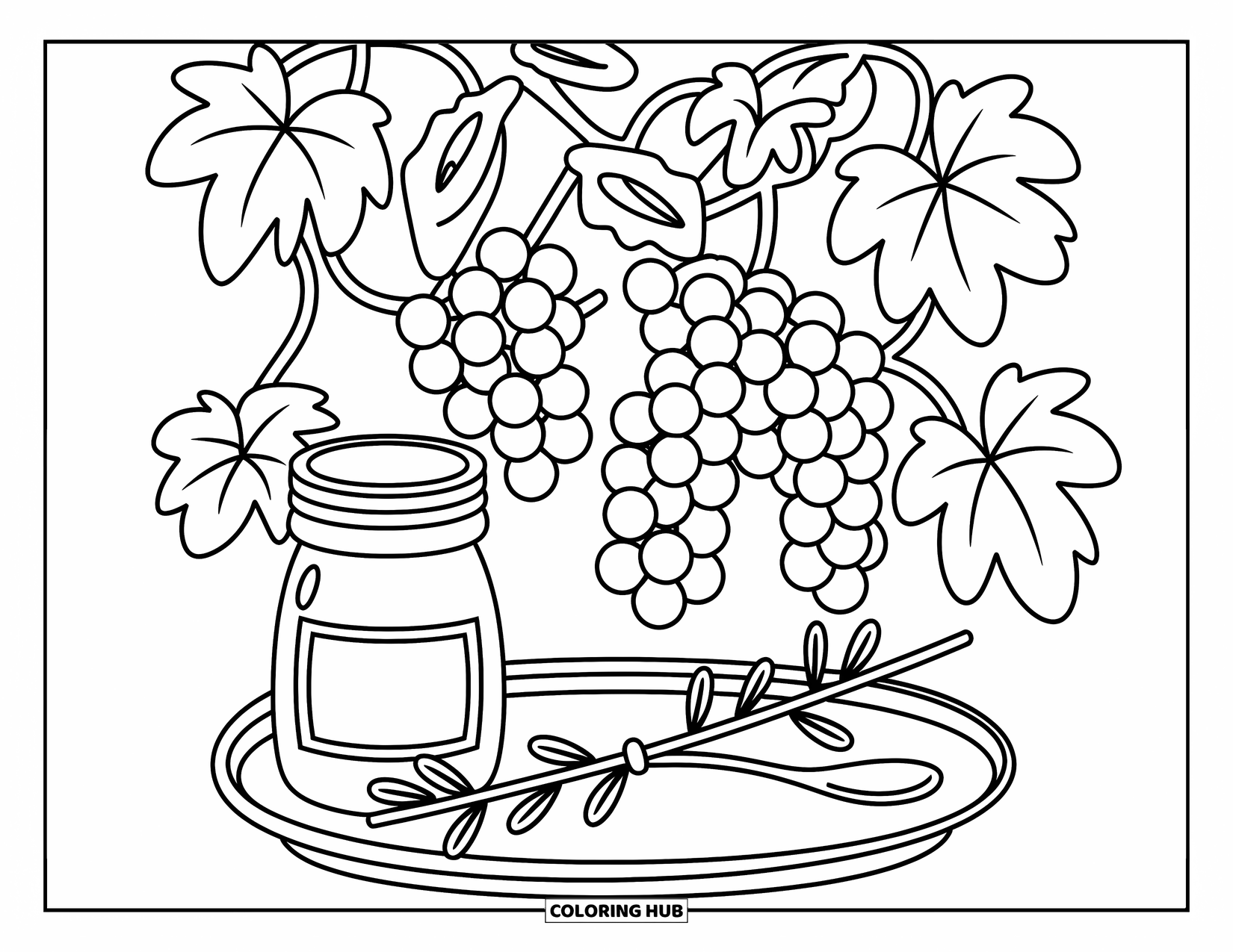 Purple Coloring Page for Adults: Grapes on curling vines with a jar and a ribbon-tied branch on a tray