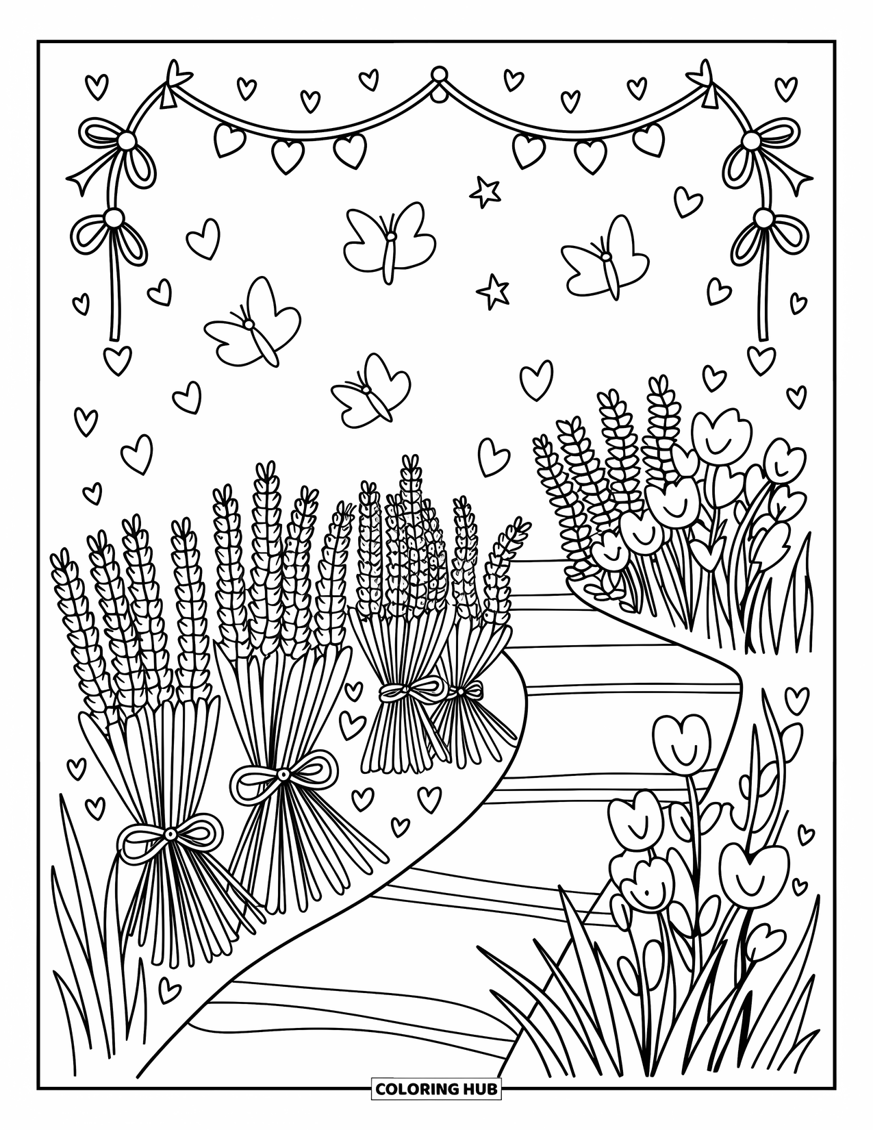 Purple Coloring Page for Adults: Lavender and lilacs along a garden path with butterflies and a ribbon garland