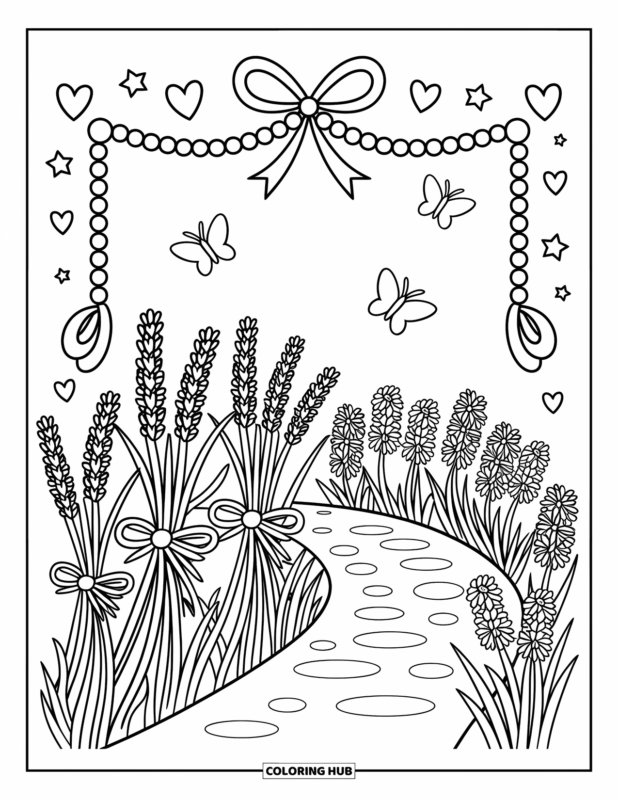 Purple Coloring Page for Adults: Lavender, lilacs, and irises along a path with a ribbon-and-bead garland