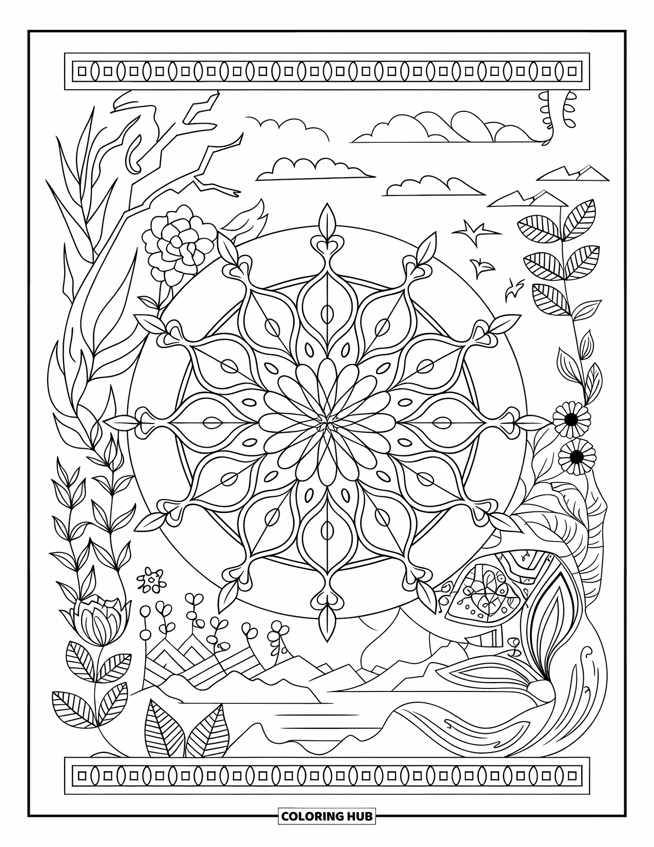 Purple Coloring Page for Adults: Mandala with flowers, leaves, birds, and a scenic landscape