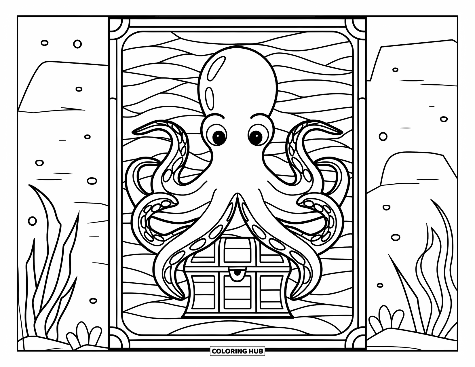Purple Coloring Page for Adults: Octopus with tentacles around a treasure chest framed by stained glass waves