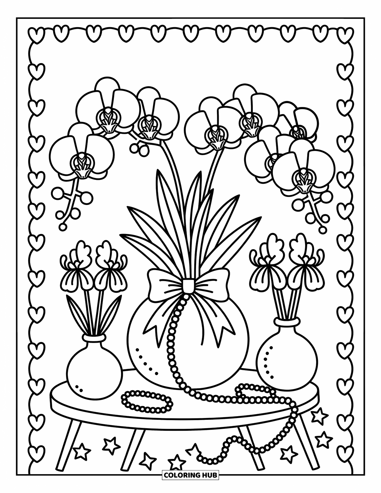 Purple Coloring Page for Adults: Orchid-and-iris bouquet in a vase with two small bud vases beside it