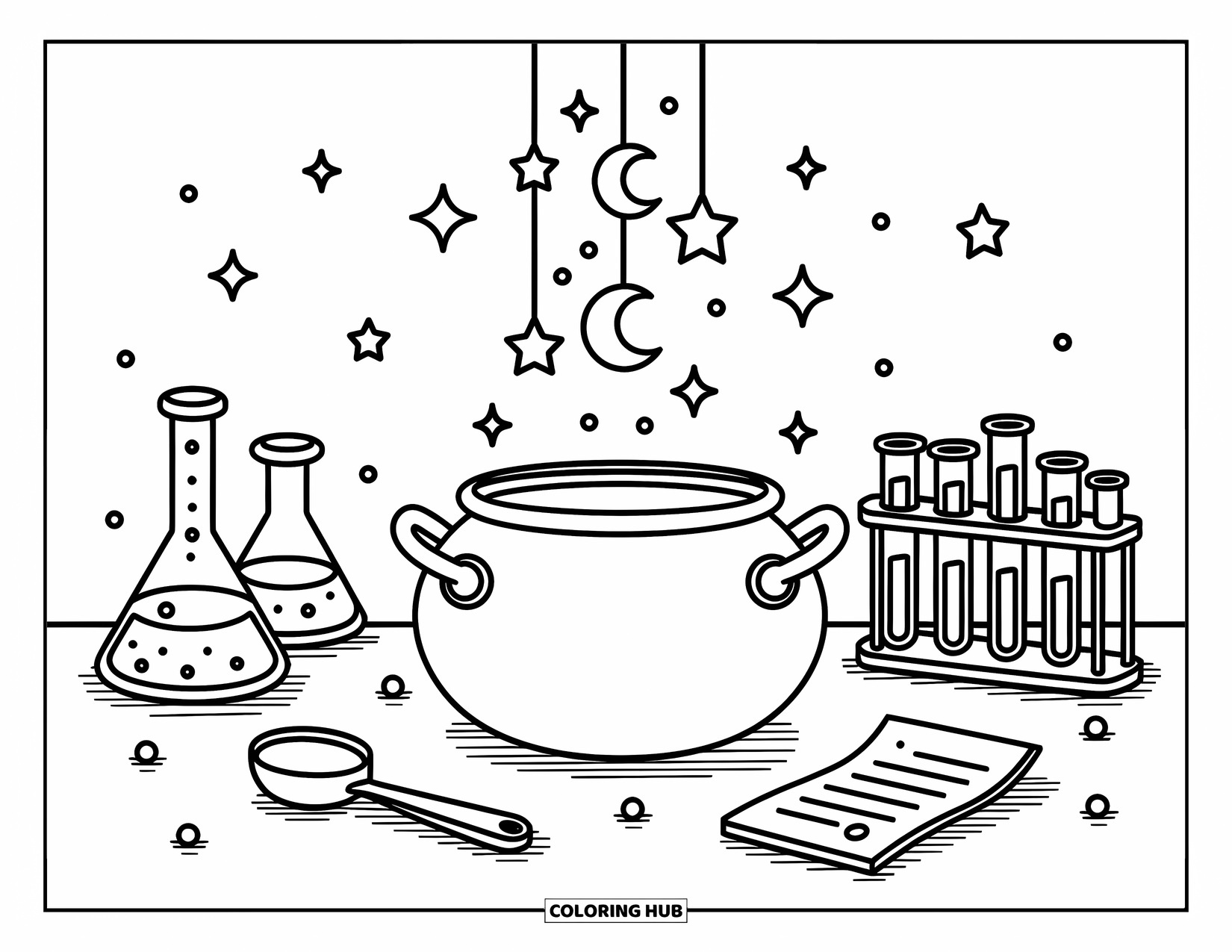 Purple Coloring Page for Adults: Potion workbench with a cauldron, spoons, flasks, and scattered sparkles
