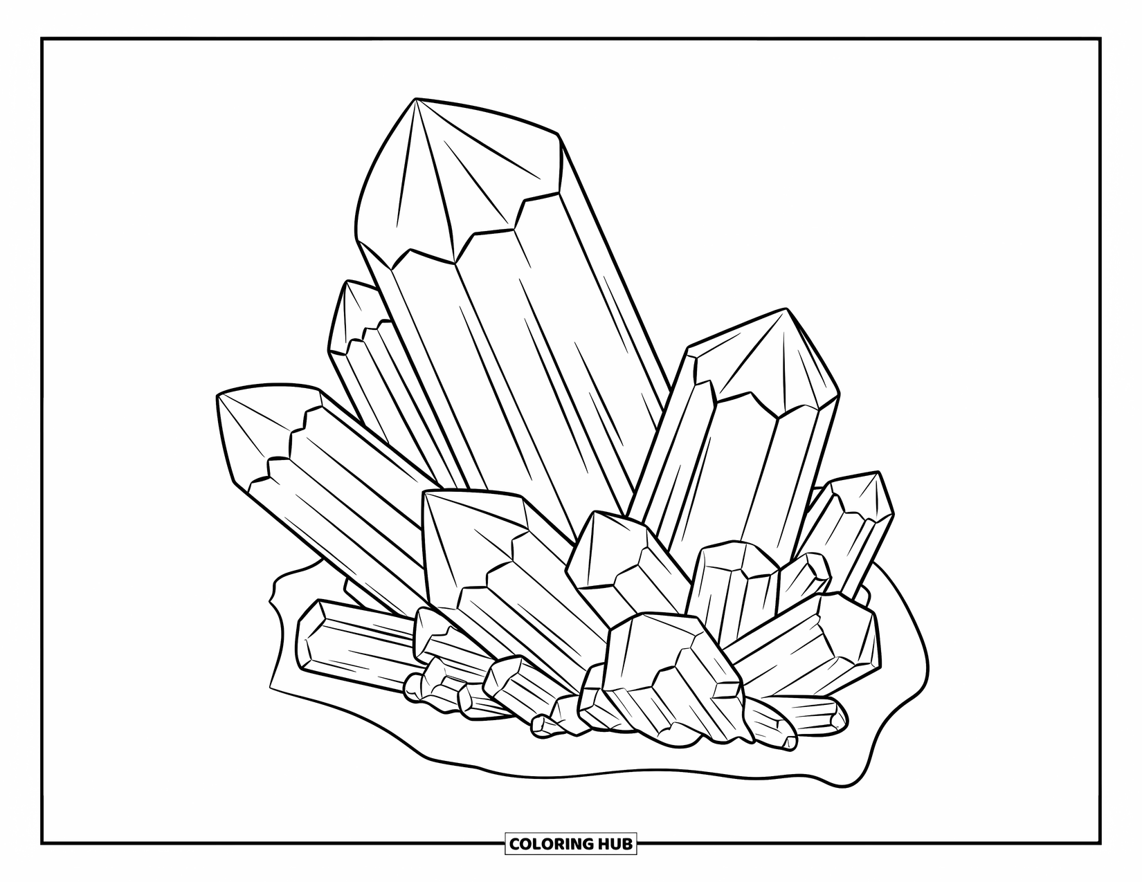 Purple Coloring Page for Kids: Amethyst crystal cluster on a plain white background